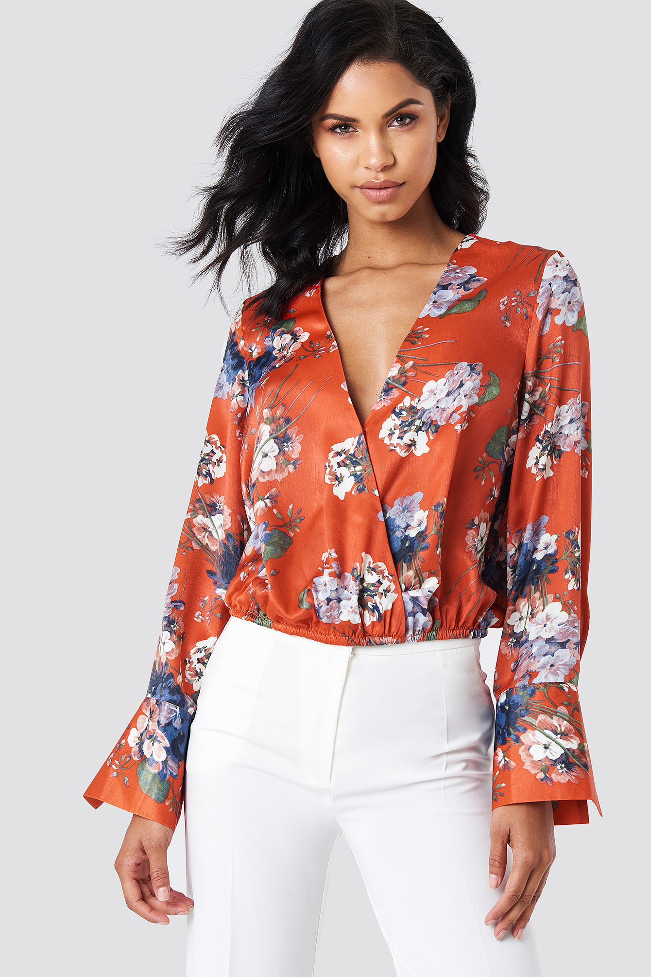 Wrap Satin Top Red Flower