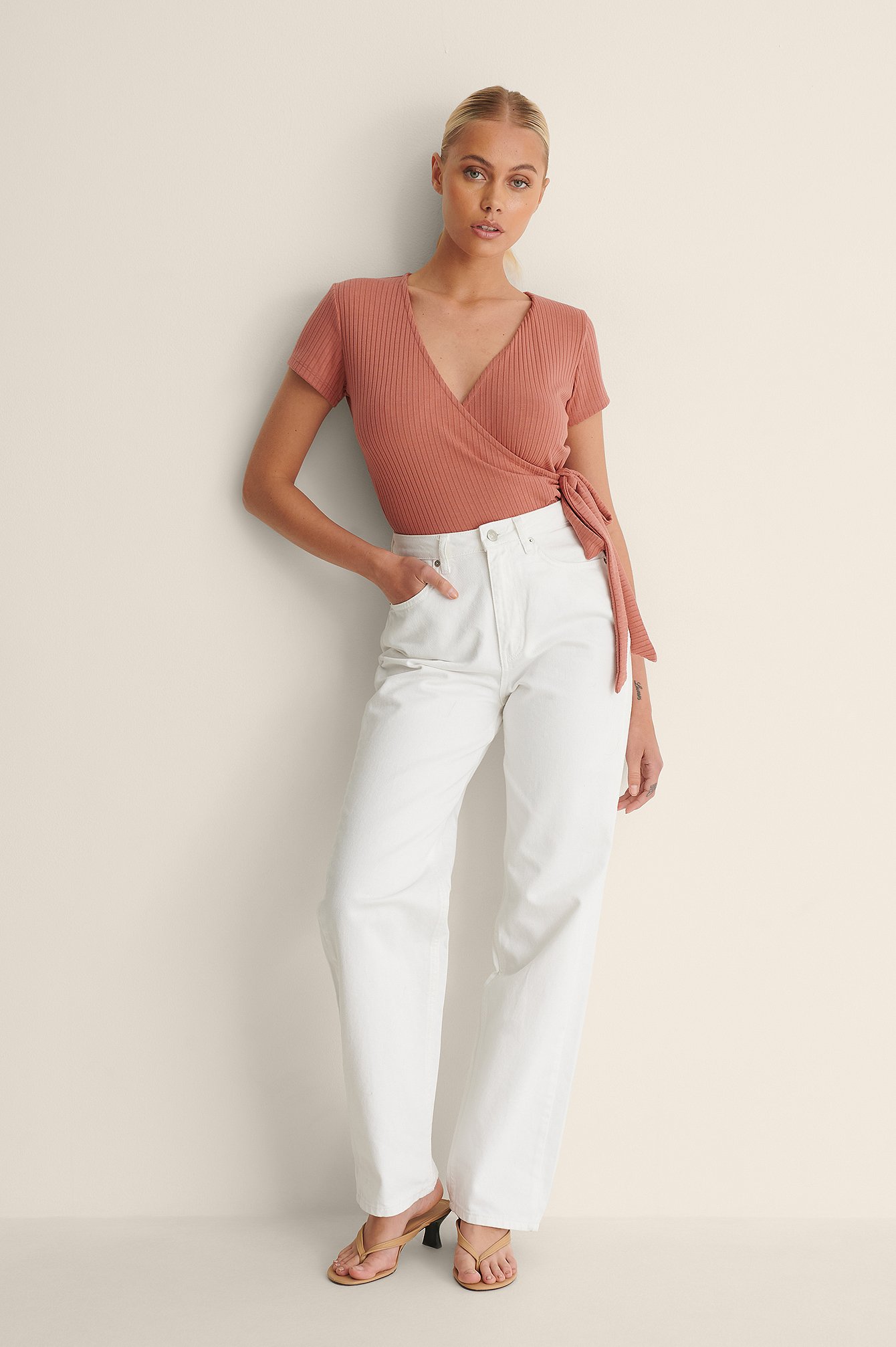 Dusty Pink Recycled Wrap Short Sleeve Top