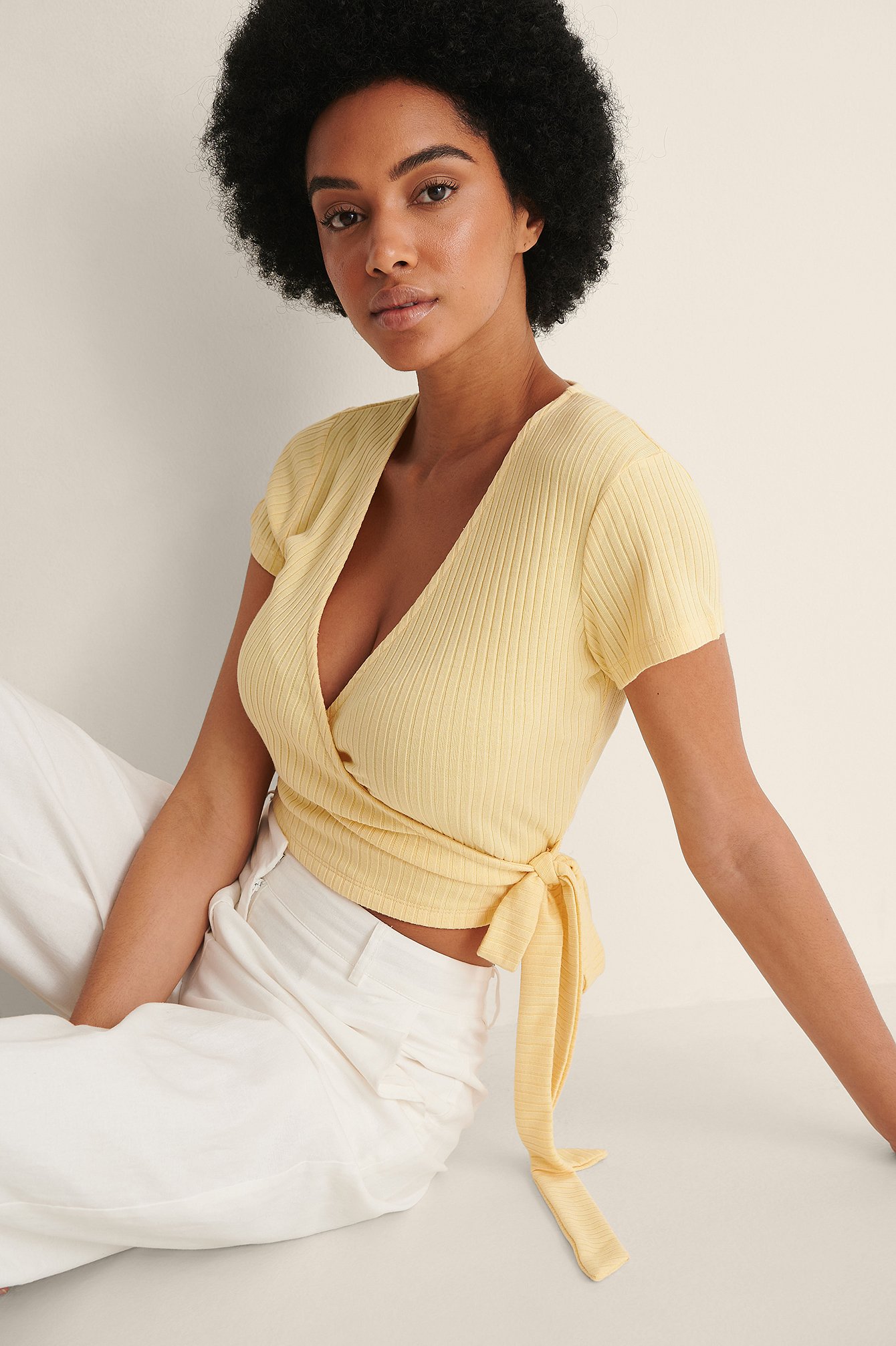 Light Yellow Recycled Wrap Short Sleeve Top