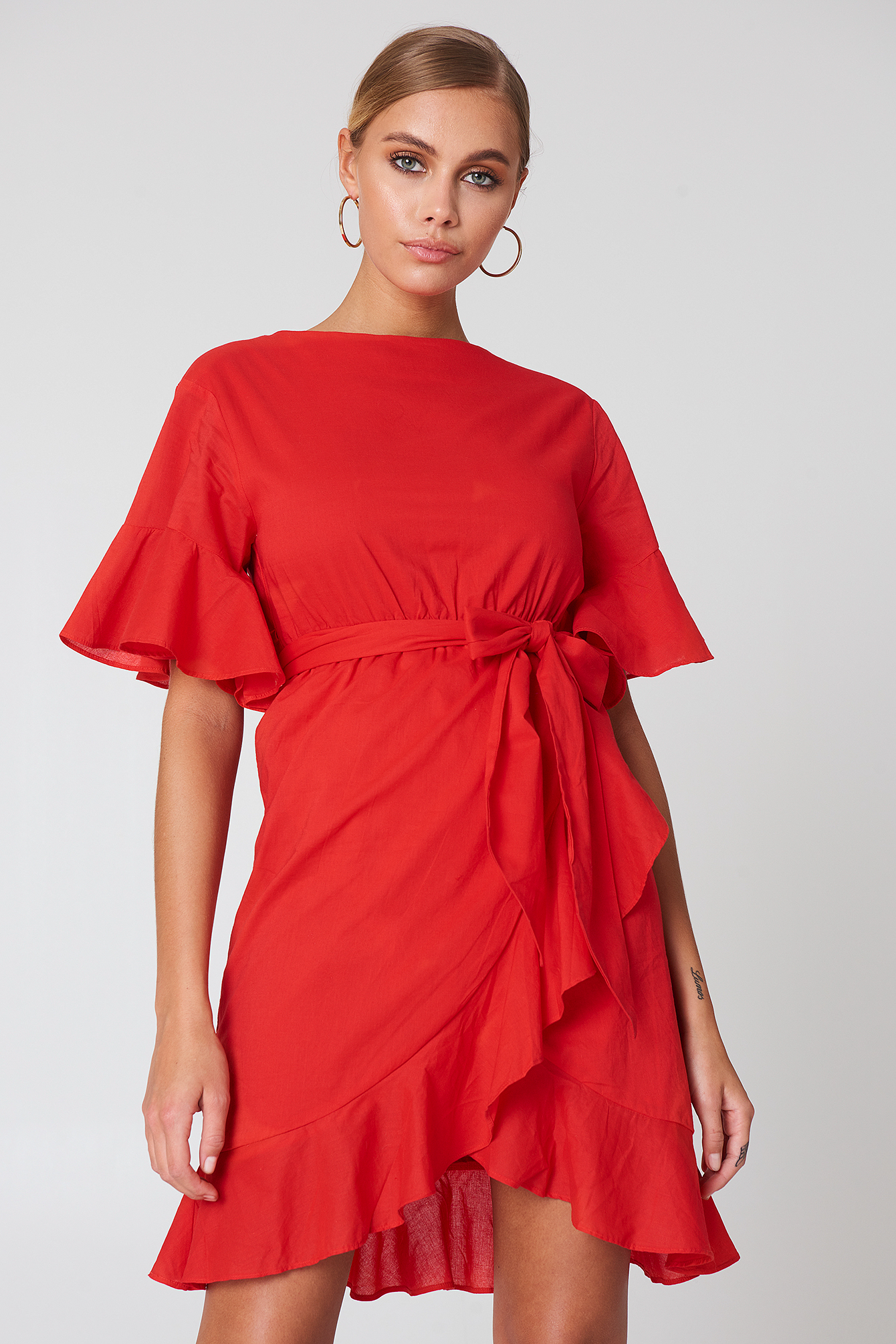 Wrap Skirt Flounce Sleeve Dress