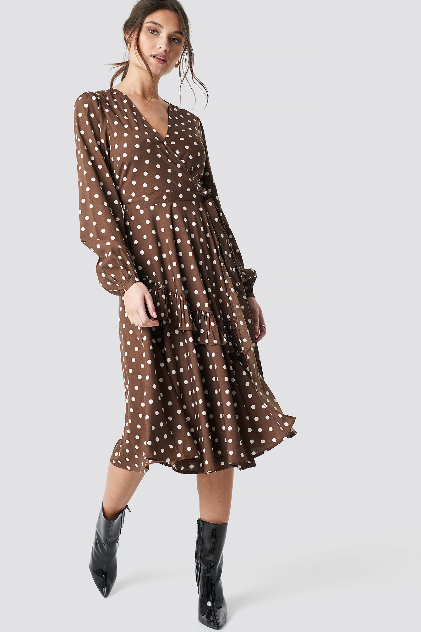 Wrapped Dot Midi Dress Brown/White Dots