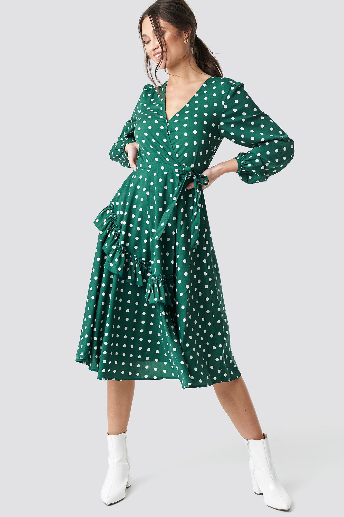 Wrapped Dot Midi Dress Green/White Dot