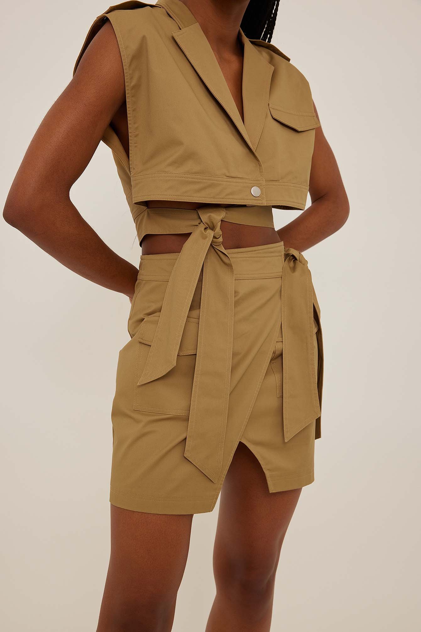 Beige Wrapping Detail Trench Vest
