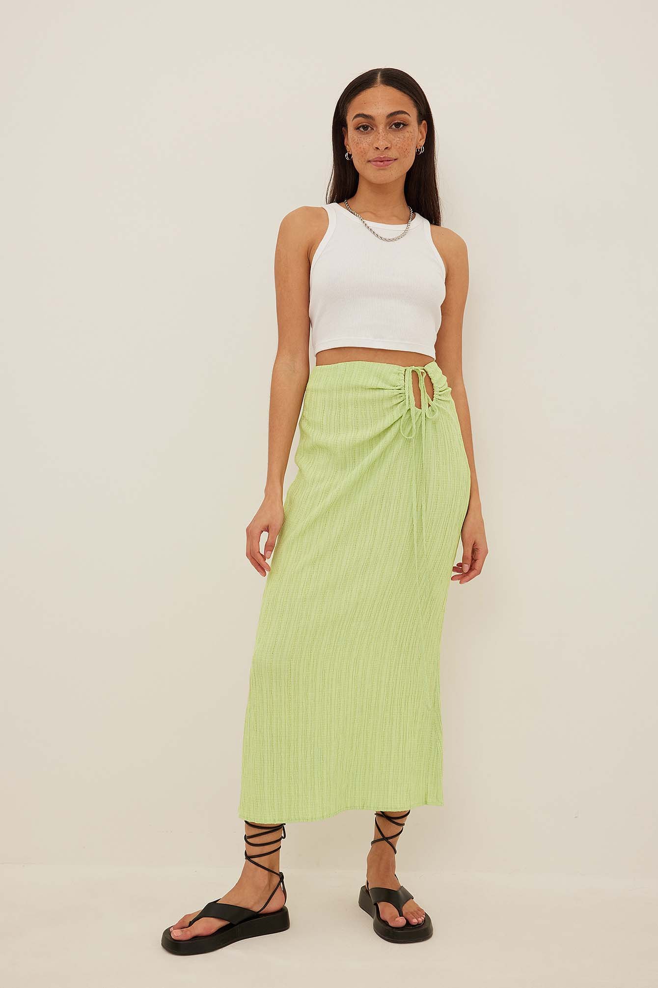 Lime Wrinkled Cut Out Detailed Midi Skirt