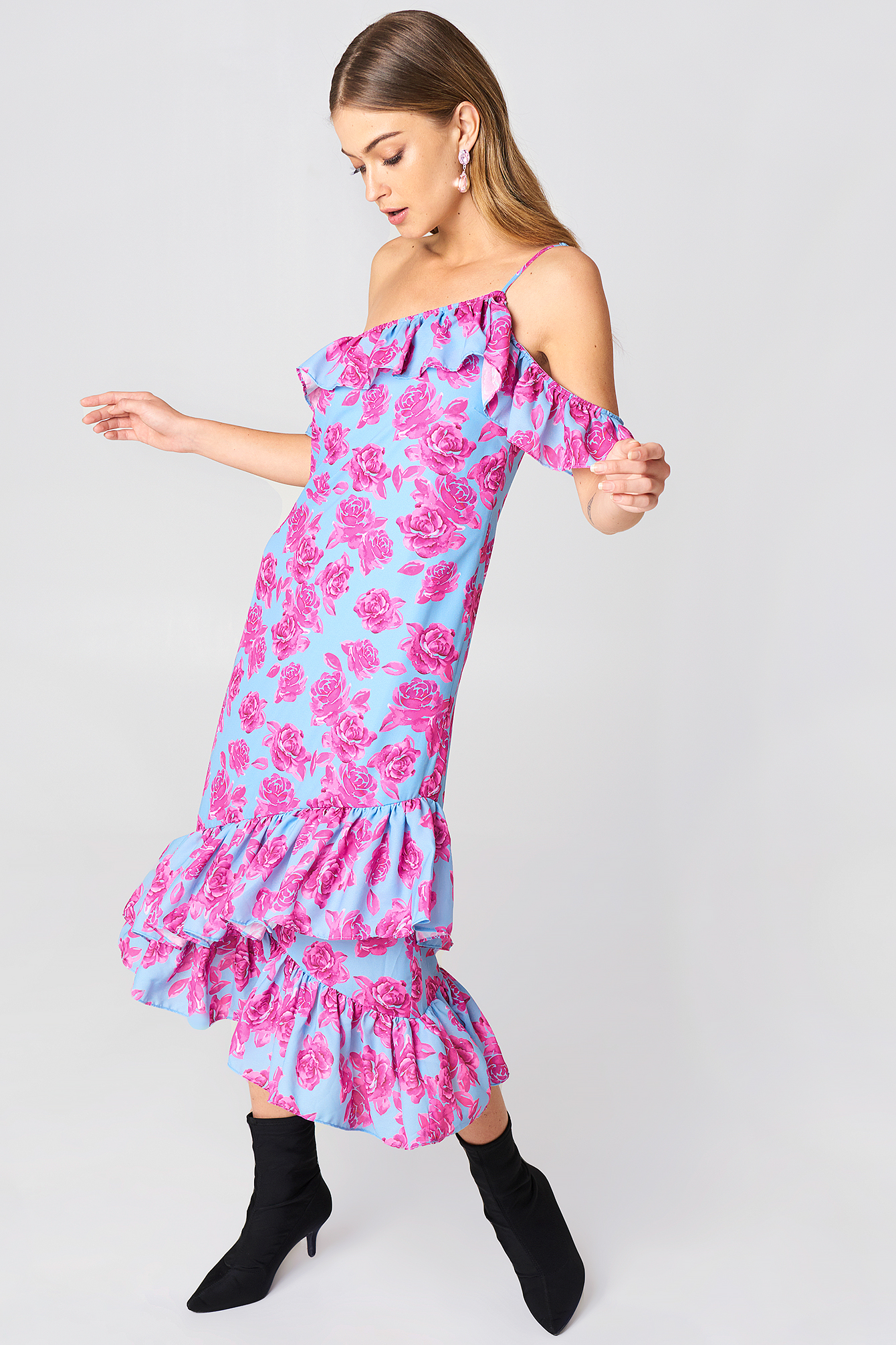 Cold Shoulder Thin Strap Frill Dress Pink Roses
