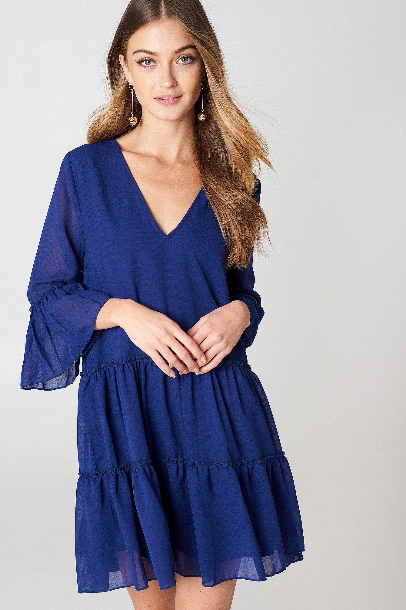 V-Neck Ruffle Mini Dress Blue | NA-KD