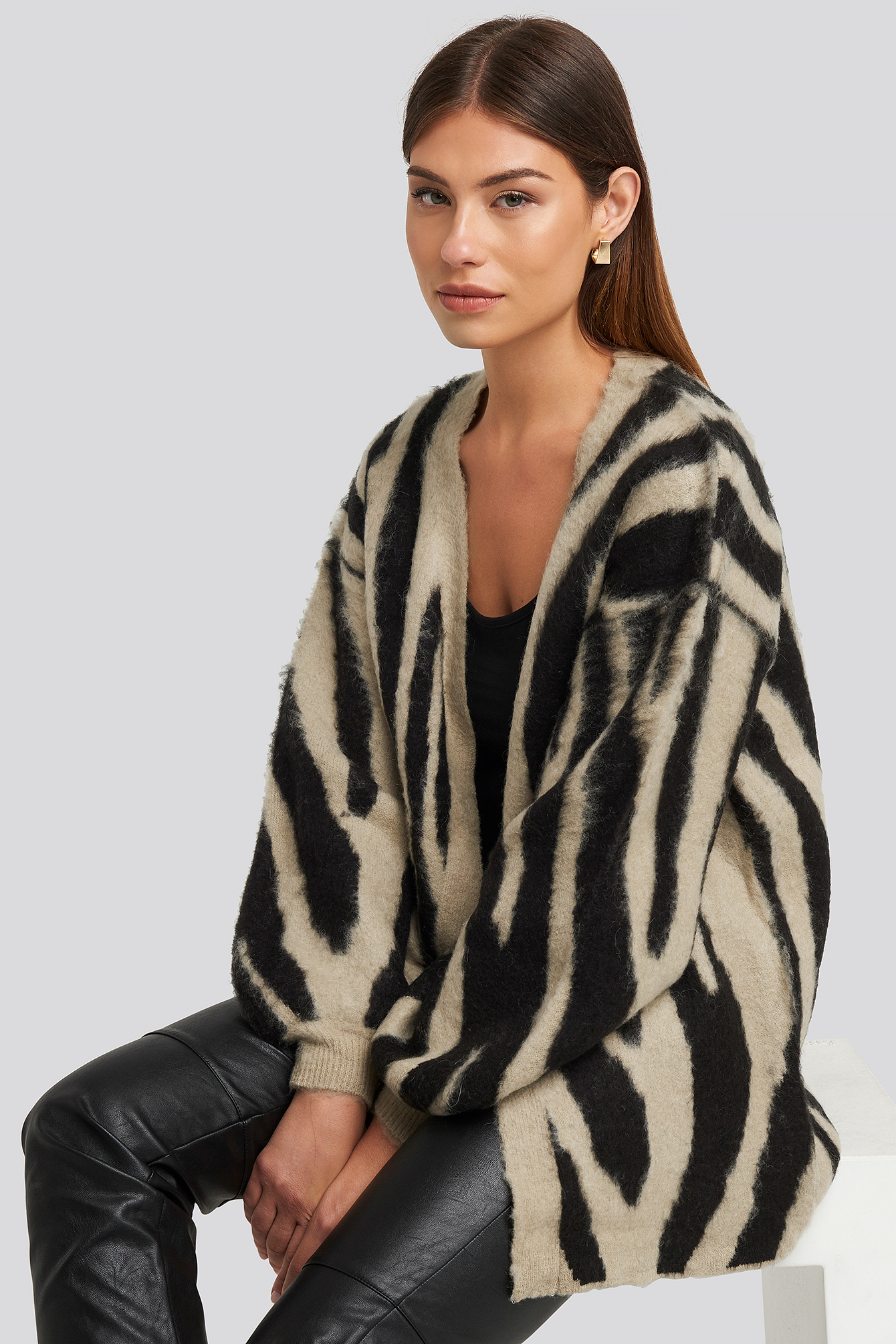 Zebra Printed Oversized Cardigan Beige
