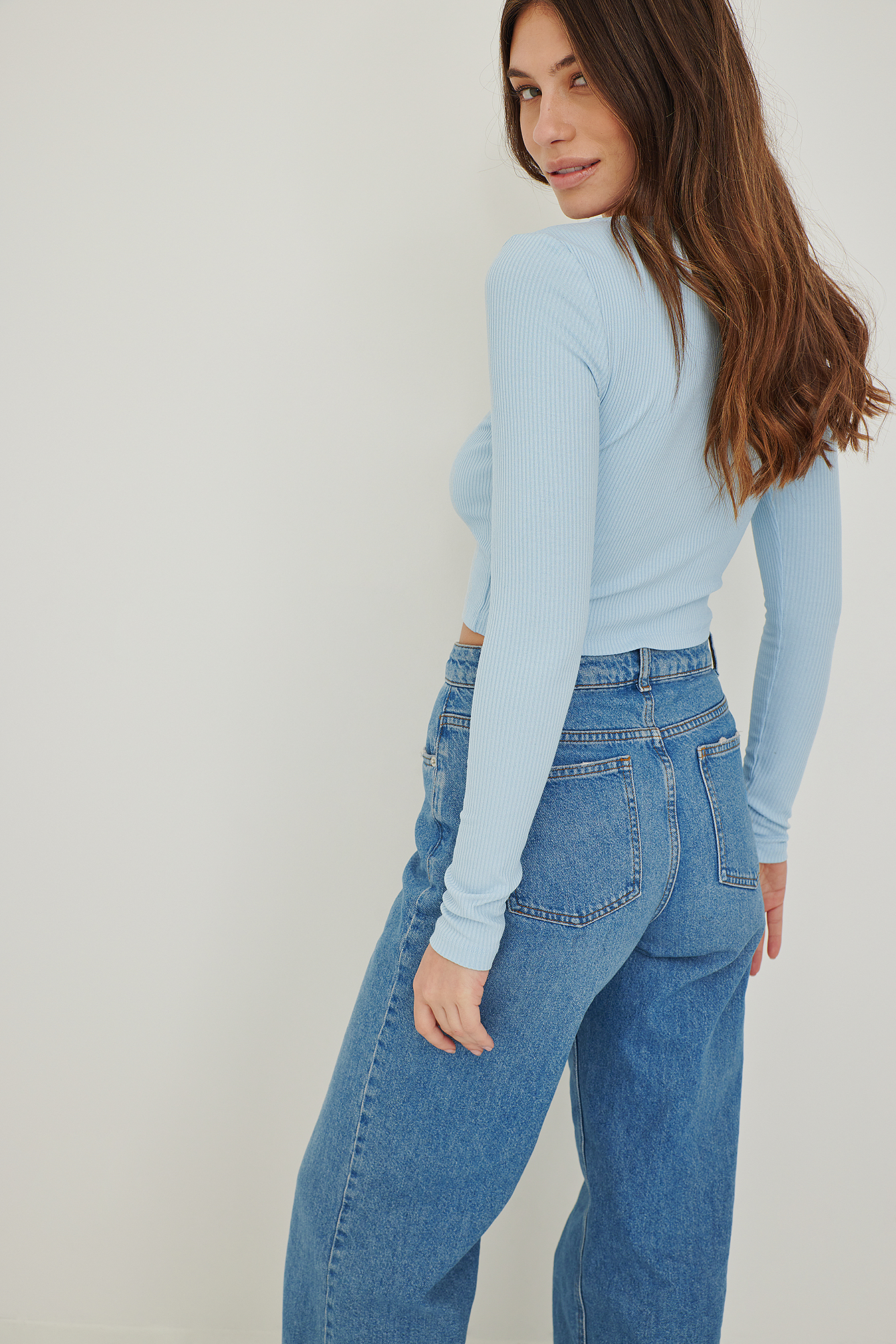 Dusty Light blue Zip Detail Ribbed Top