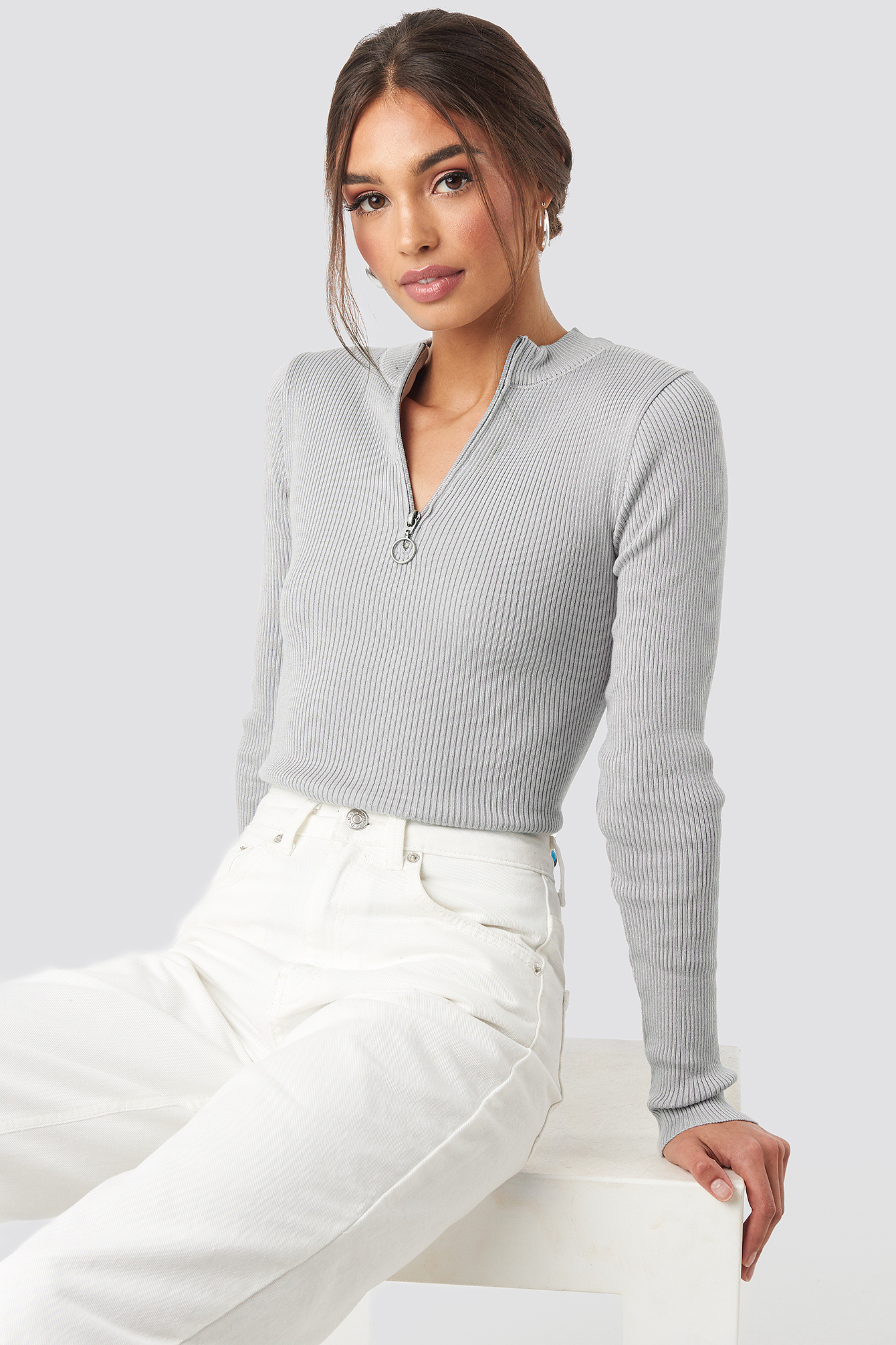 Zip Knitted Sweater Light Grey