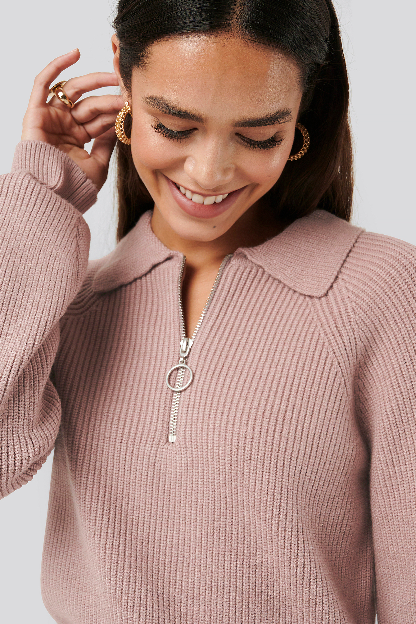 Zipped Collar Knitted Sweater Brown