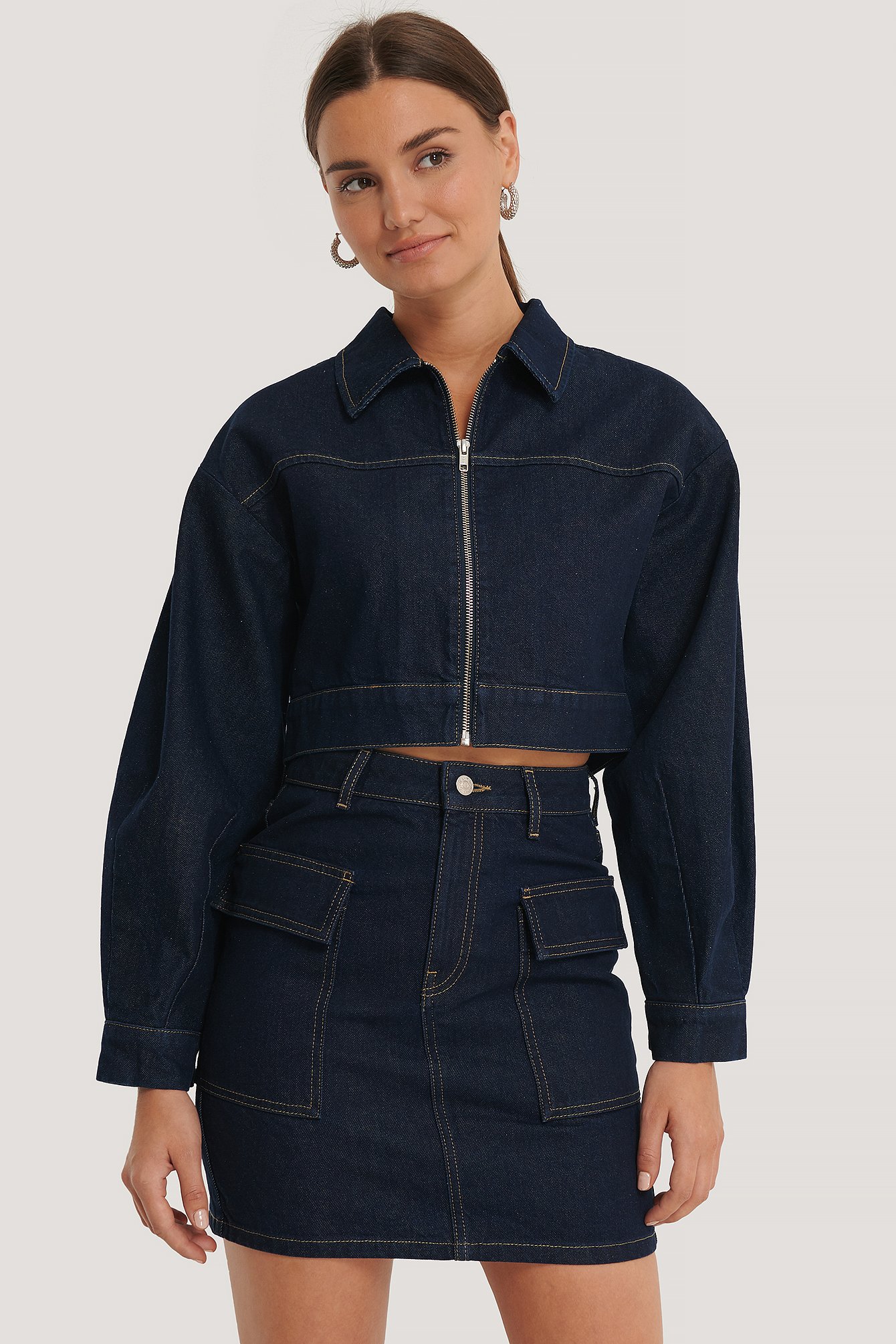 Dark Blue NA-KD Trend Zipped Cropped Denim Jacket
