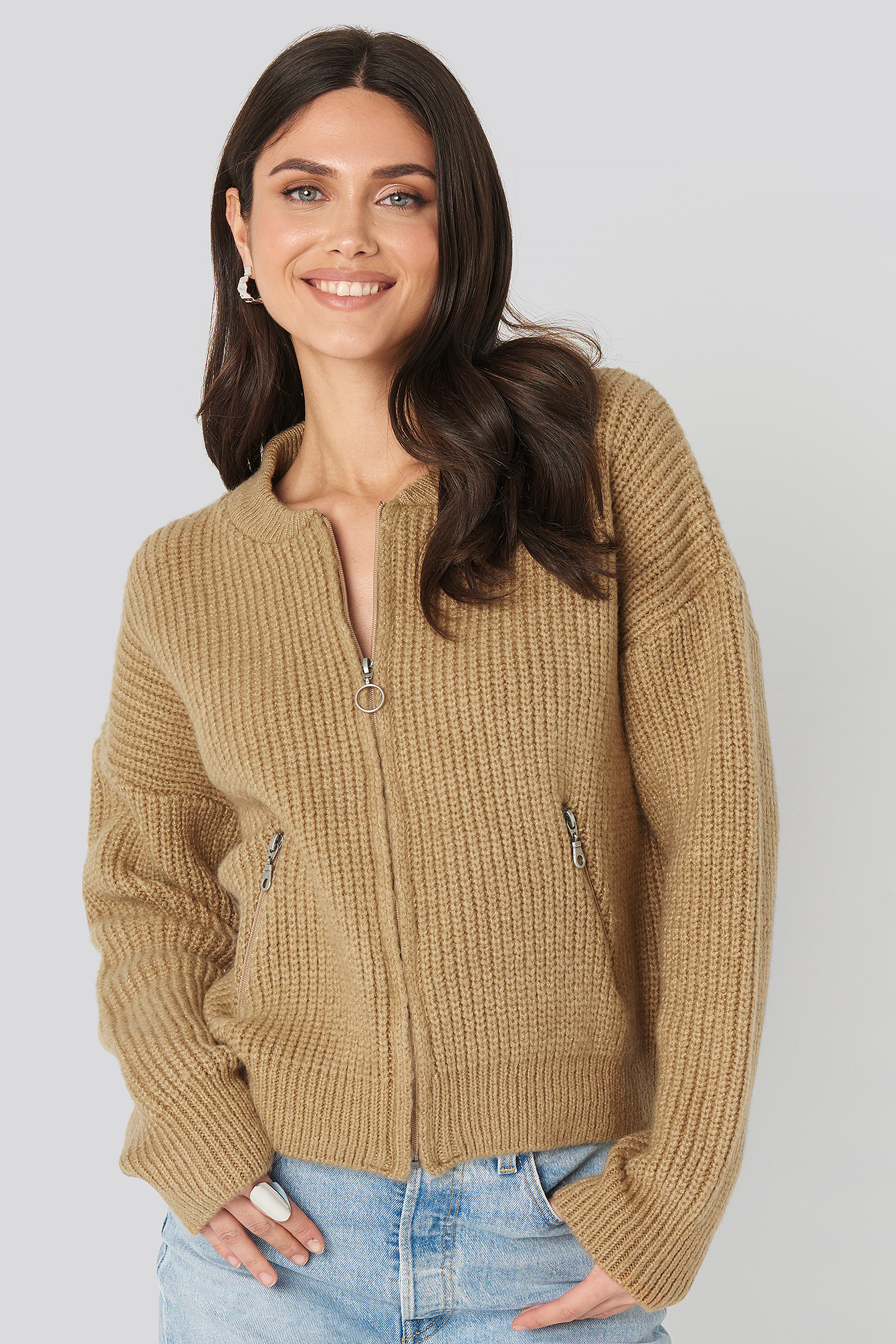 Zipper Cardigan Beige