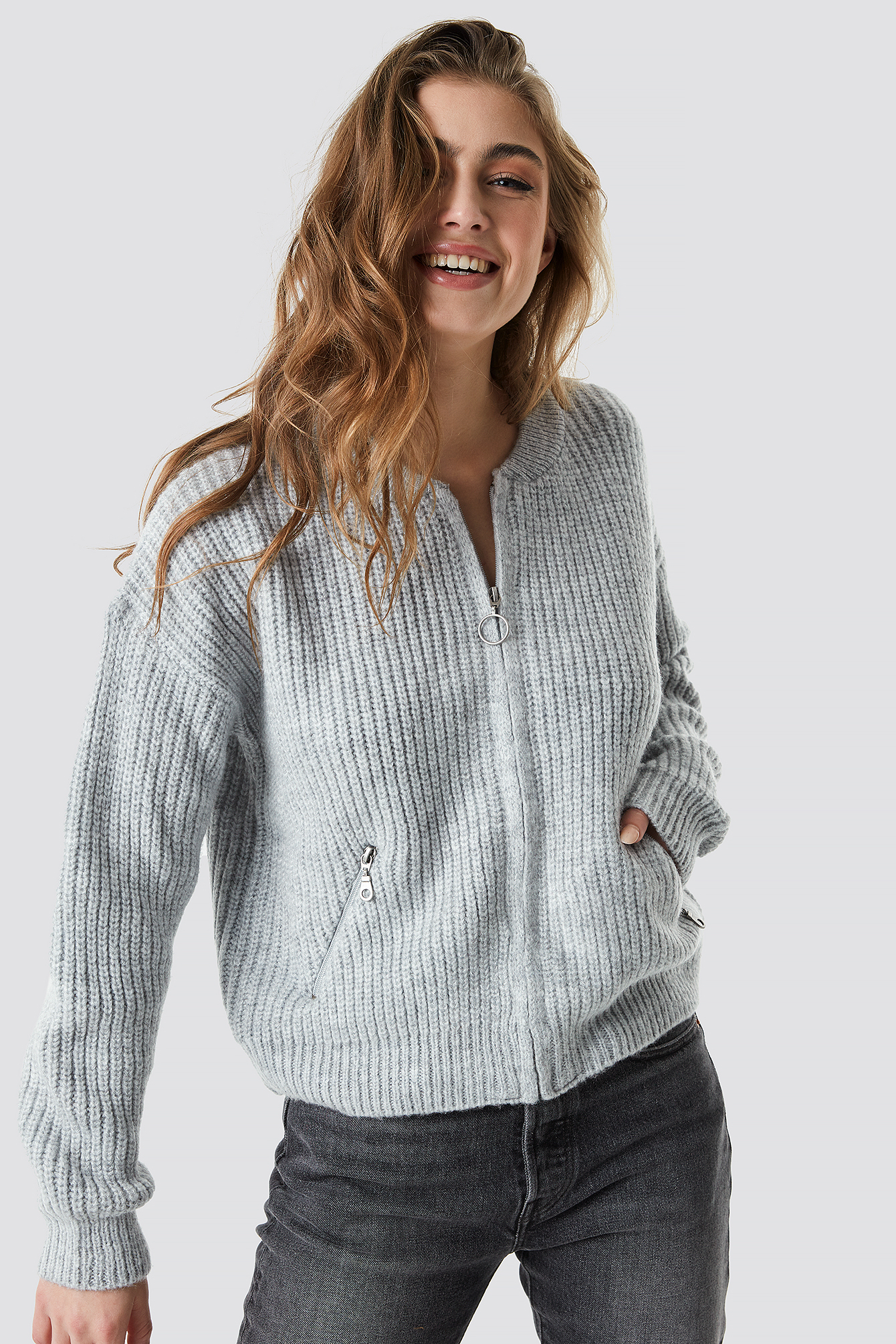 Zipper Cardigan Light Grey