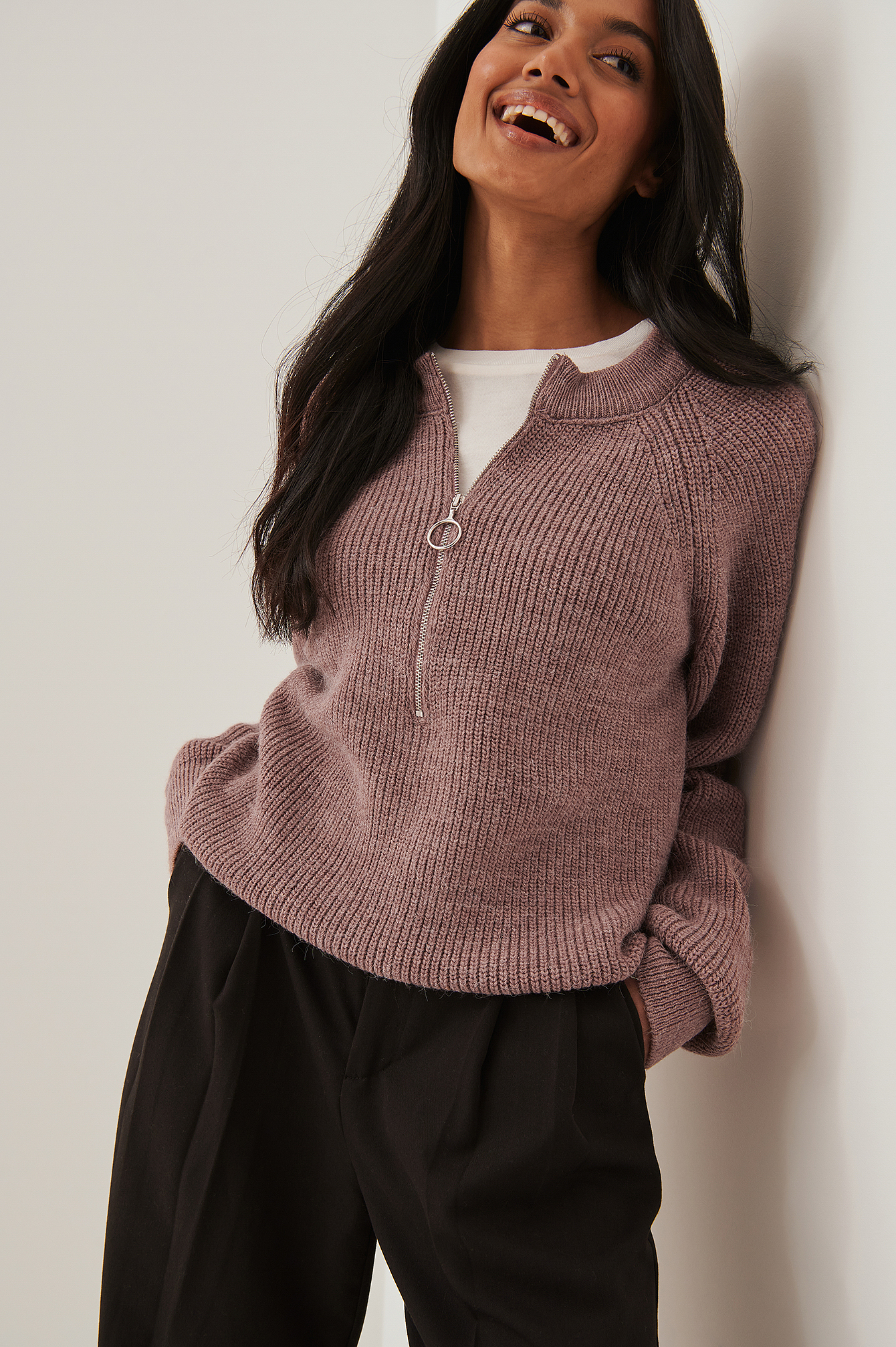 Zipper Front Knitted Sweater Pink | na 