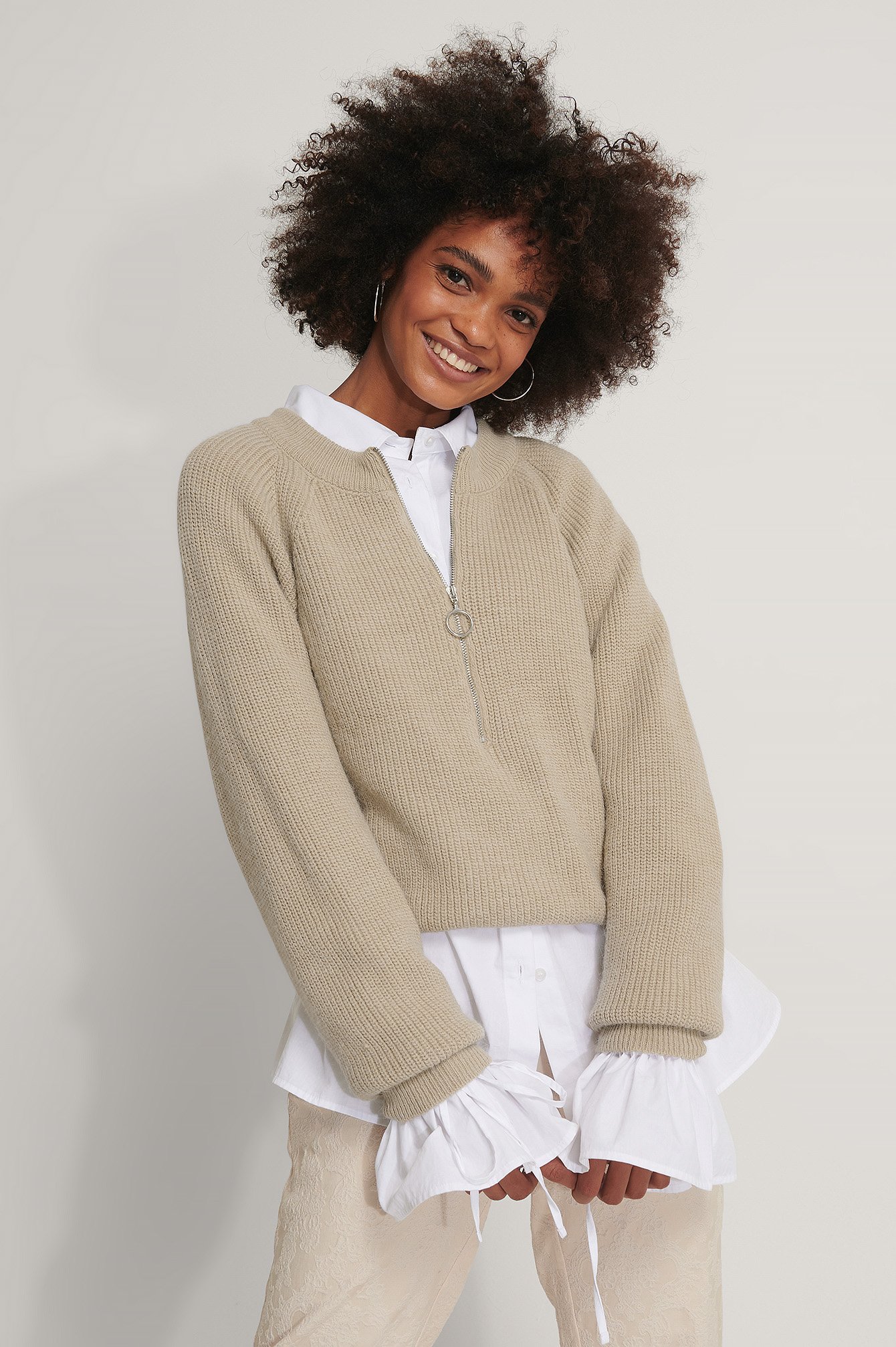 Beige Zipper Front Knitted Sweater