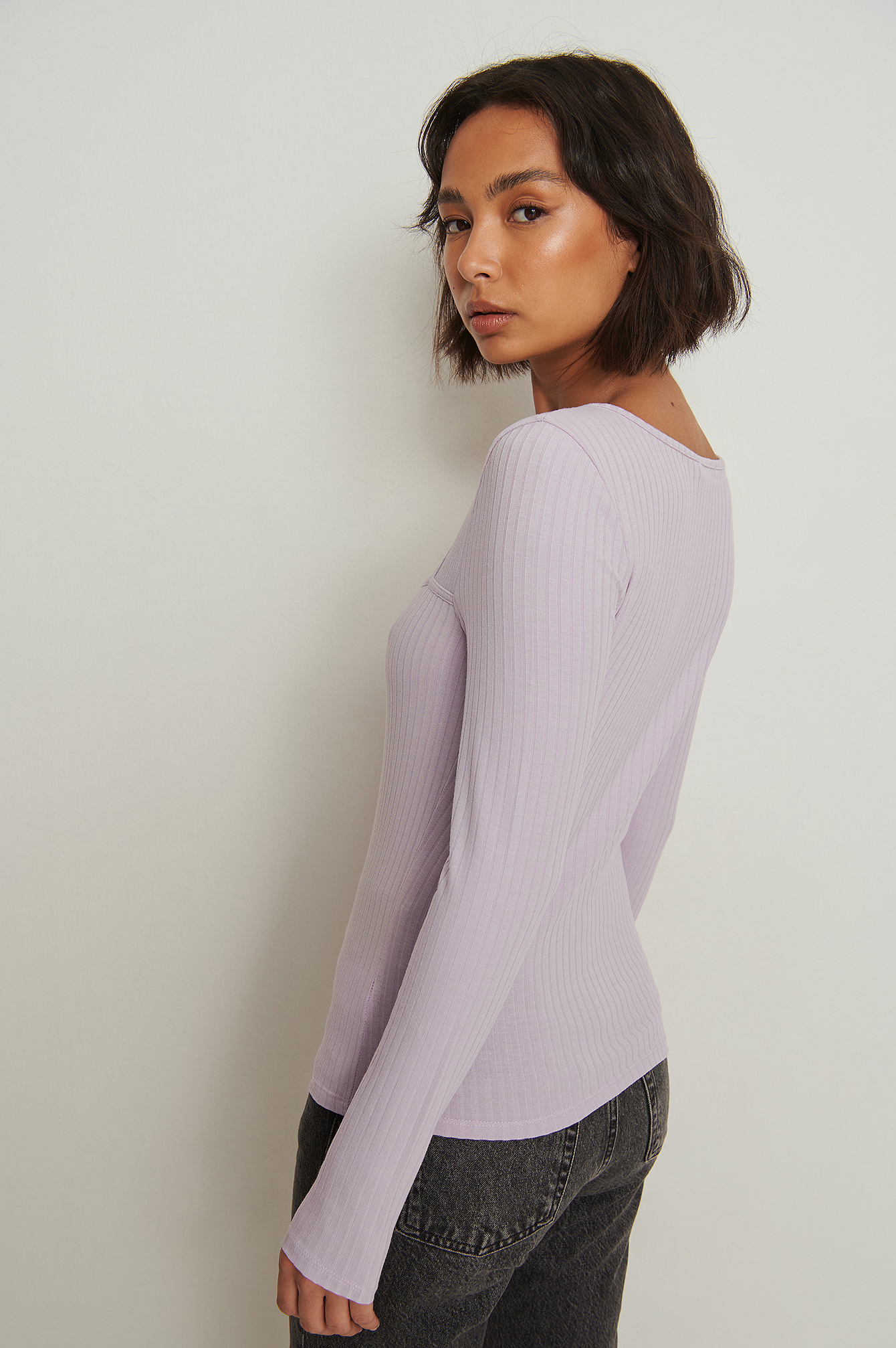Square Neck Rib Long Sleeve Top Purple 