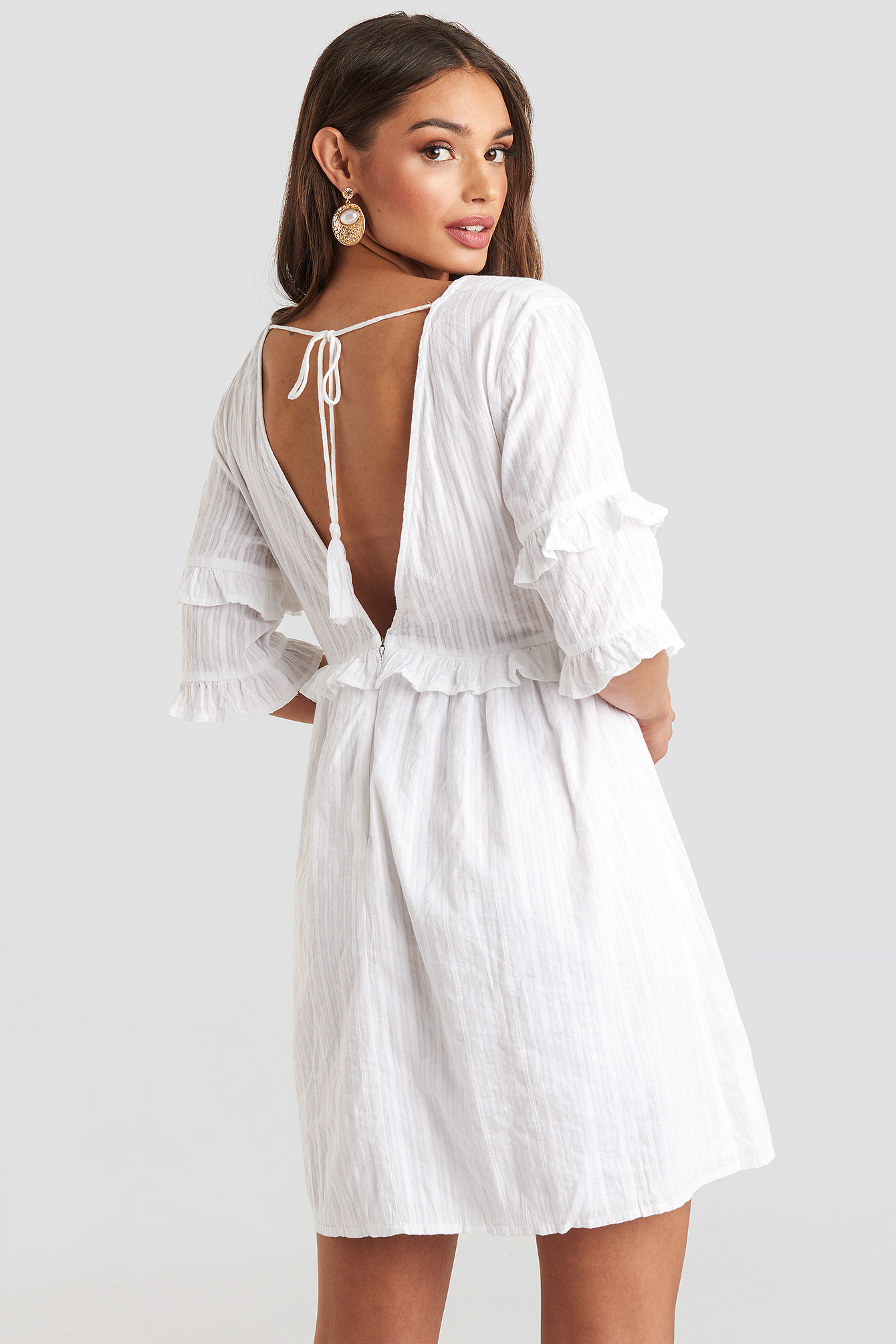 Open Back Ruffle Sleeve Mini Dress White