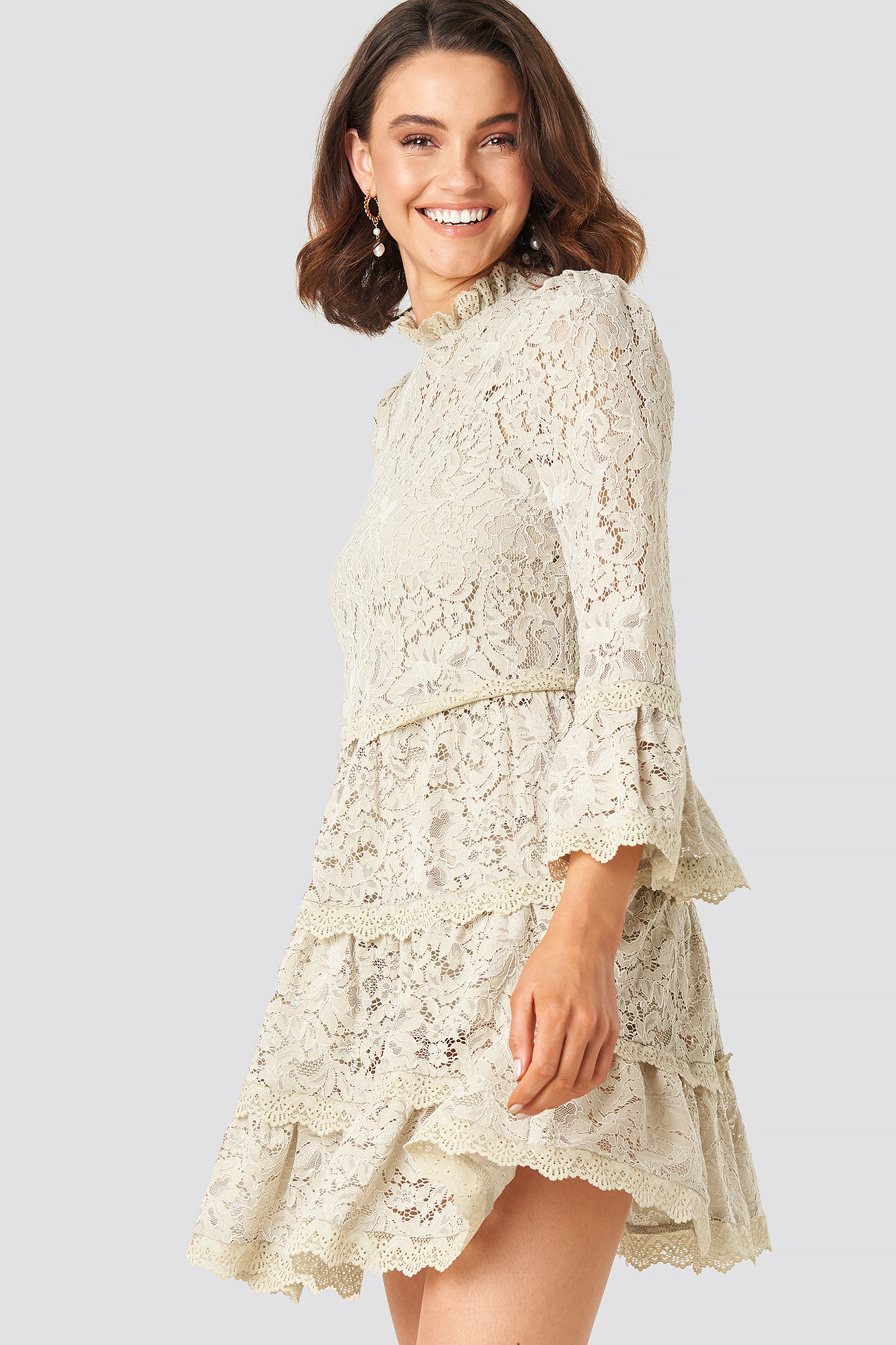 High Neck A-lined Lace Dress Beige