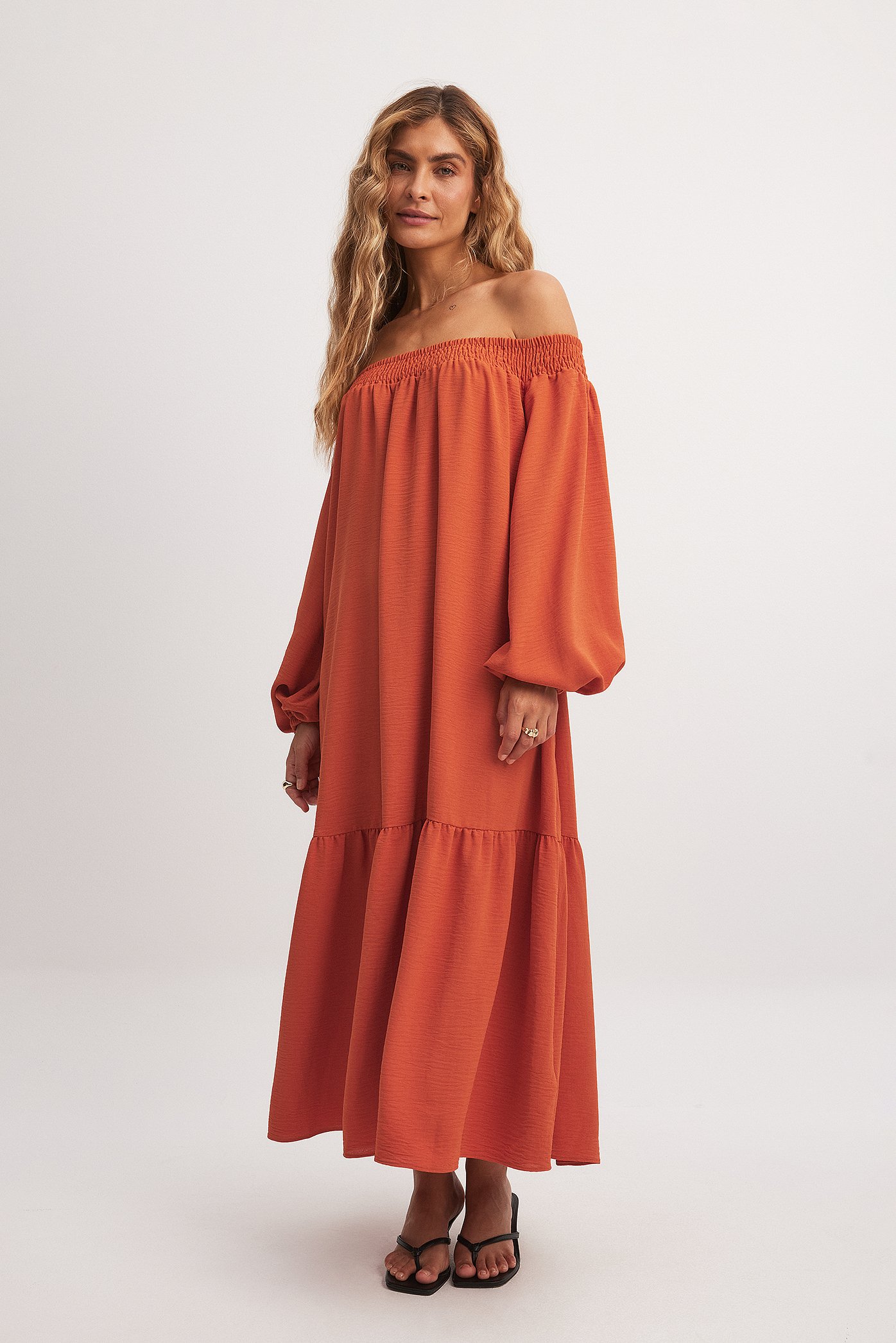 Off Shoulder Long Sleeve Midi Dress Orange | NA-KD Off Shoulder Long Sleeve Midi Dress Orange | NA-KD