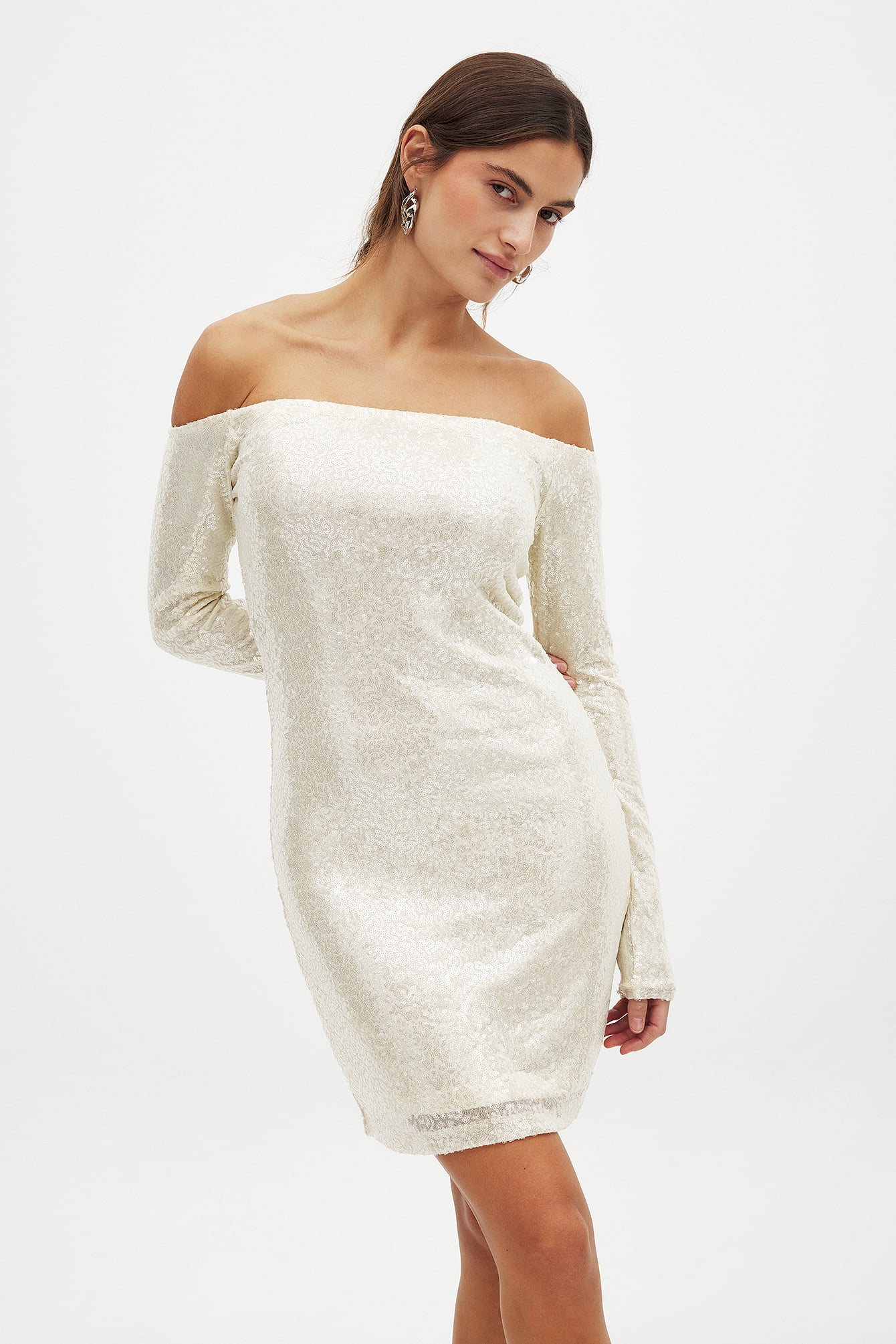 off shoulder white sequin dress Lyla Off Shoulder Sequin Maxi Dress: White