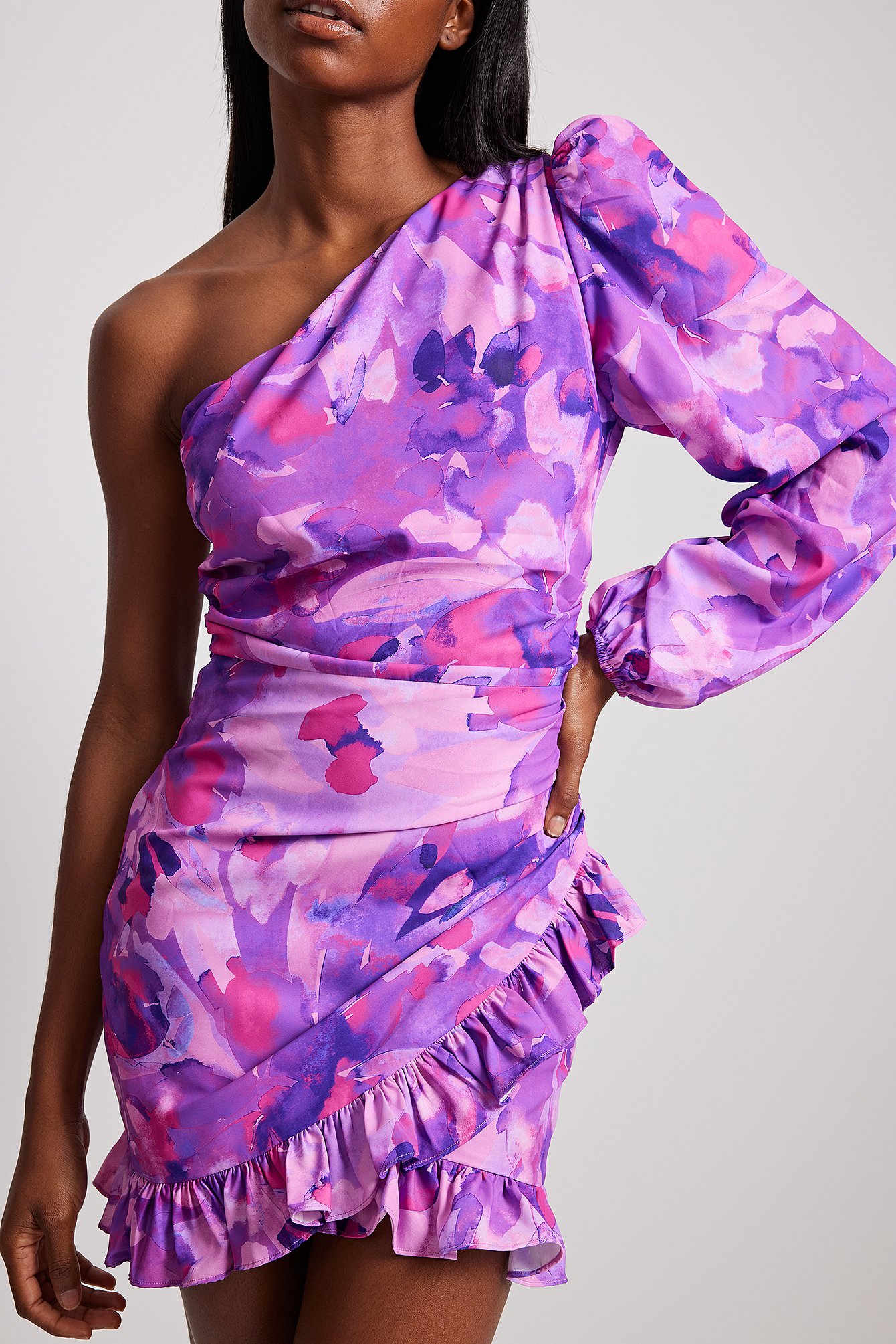 Purple Flower One Shoulder Frill Detail Mini Dress