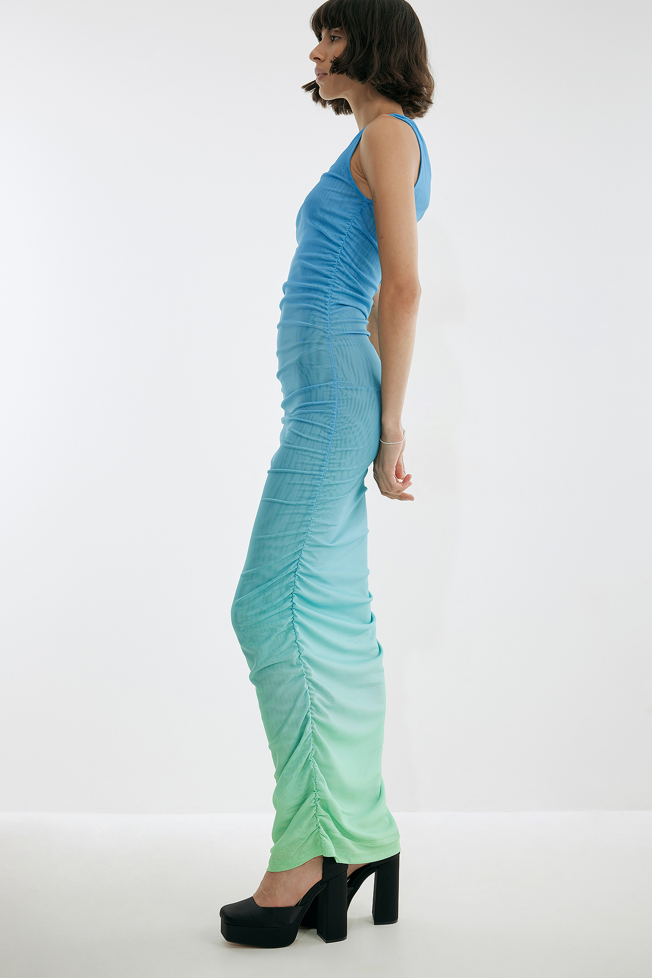 Josefine HJ x NA-KD One Shoulder Maxi Mesh Dress - Blue,Multicolor
