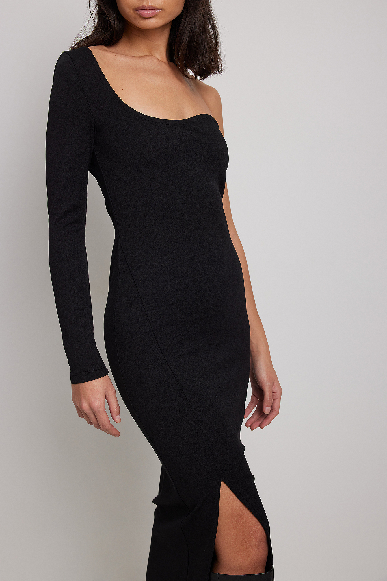 NA-KD Trend One Sleeve Wavy Neckline Dress - Black