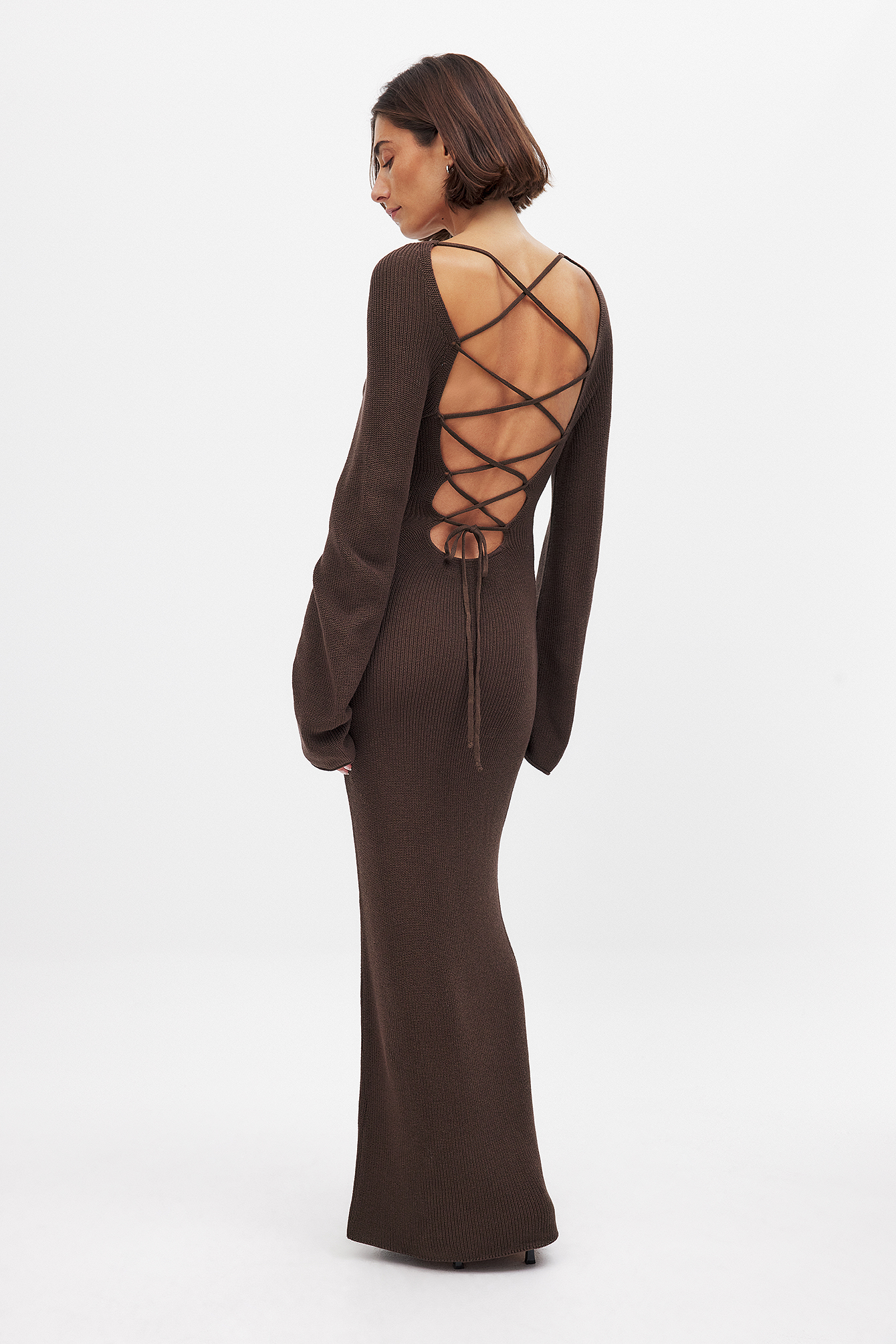 Open Back Lace Detail Knitted Maxi Dress Brown | NA-KD Open Back Lace Detail Knitted Maxi Dress Brown | NA-KD