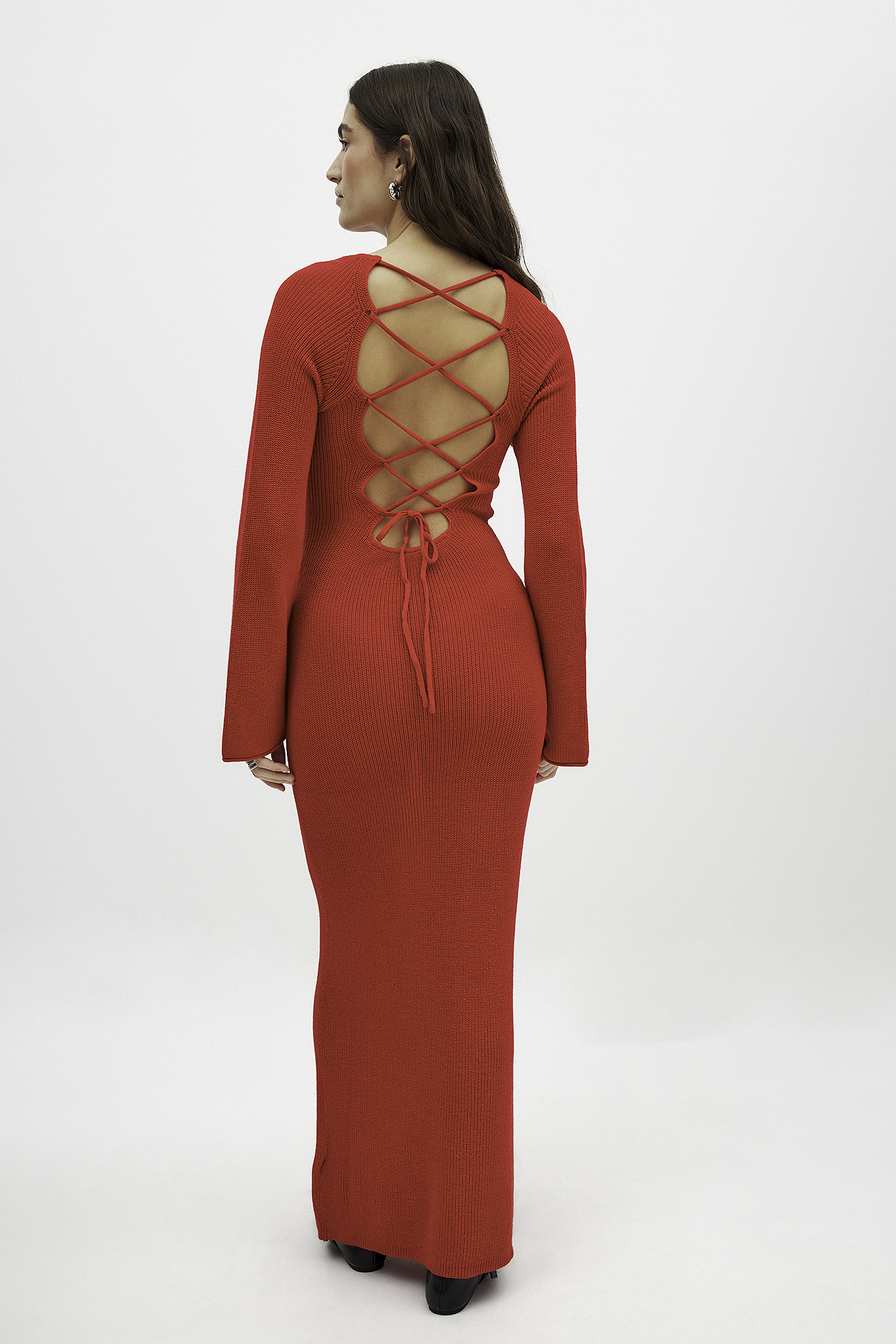 Open Back Lace Detail Knitted Maxi Dress - Long Sleeve Maxi Dresses - Red - S Open Back Lace Detail Knitted Maxi Dress - Long Sleeve Maxi Dresses - Red - S