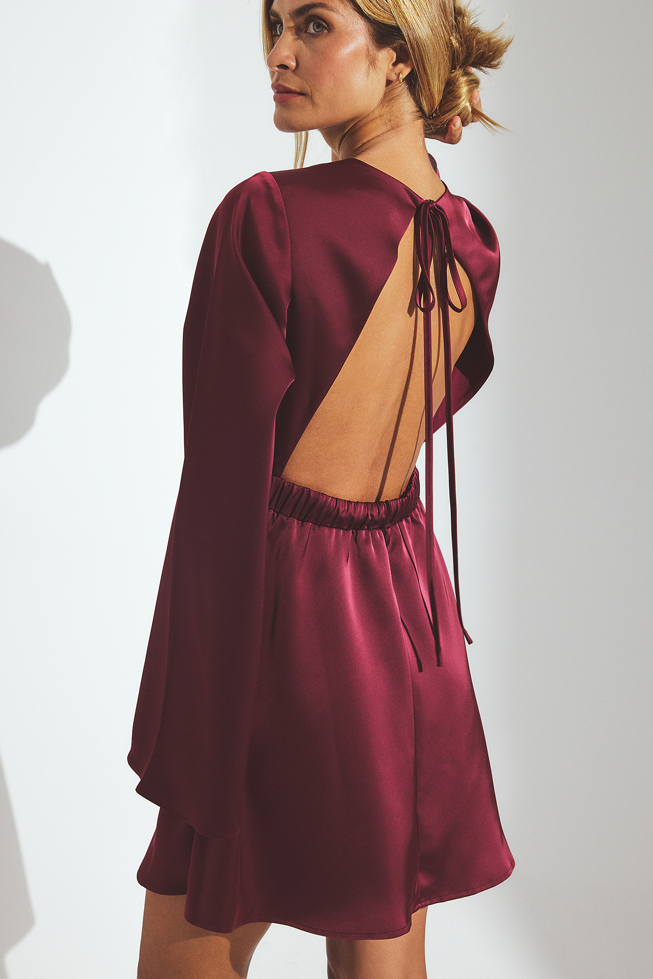 princess polly baby blue dress Strapless Mini Dress With Pleated Chiffon Cape - Burgundy main image 1