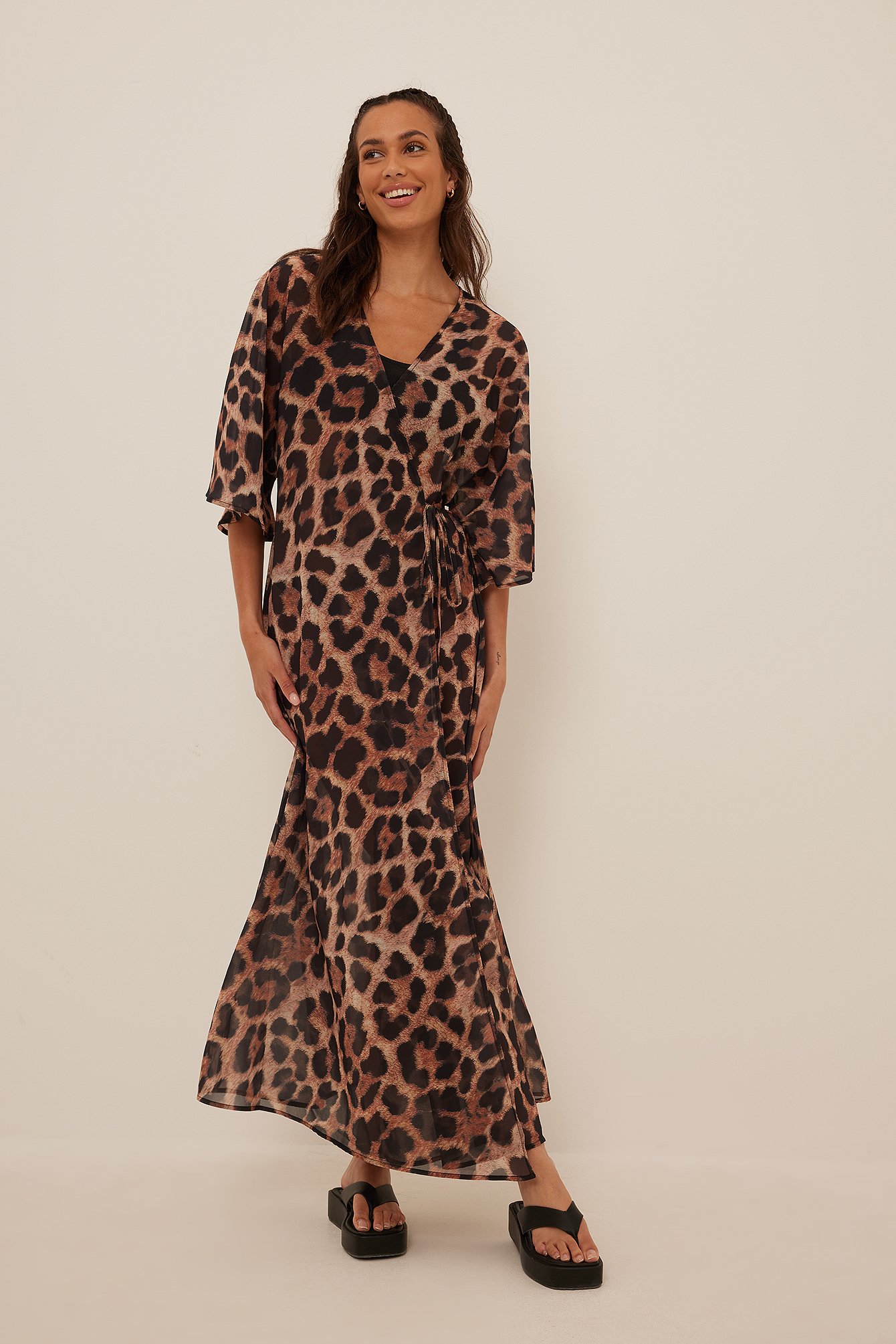 Wild Leopard Overlap Tie Caftan Dress