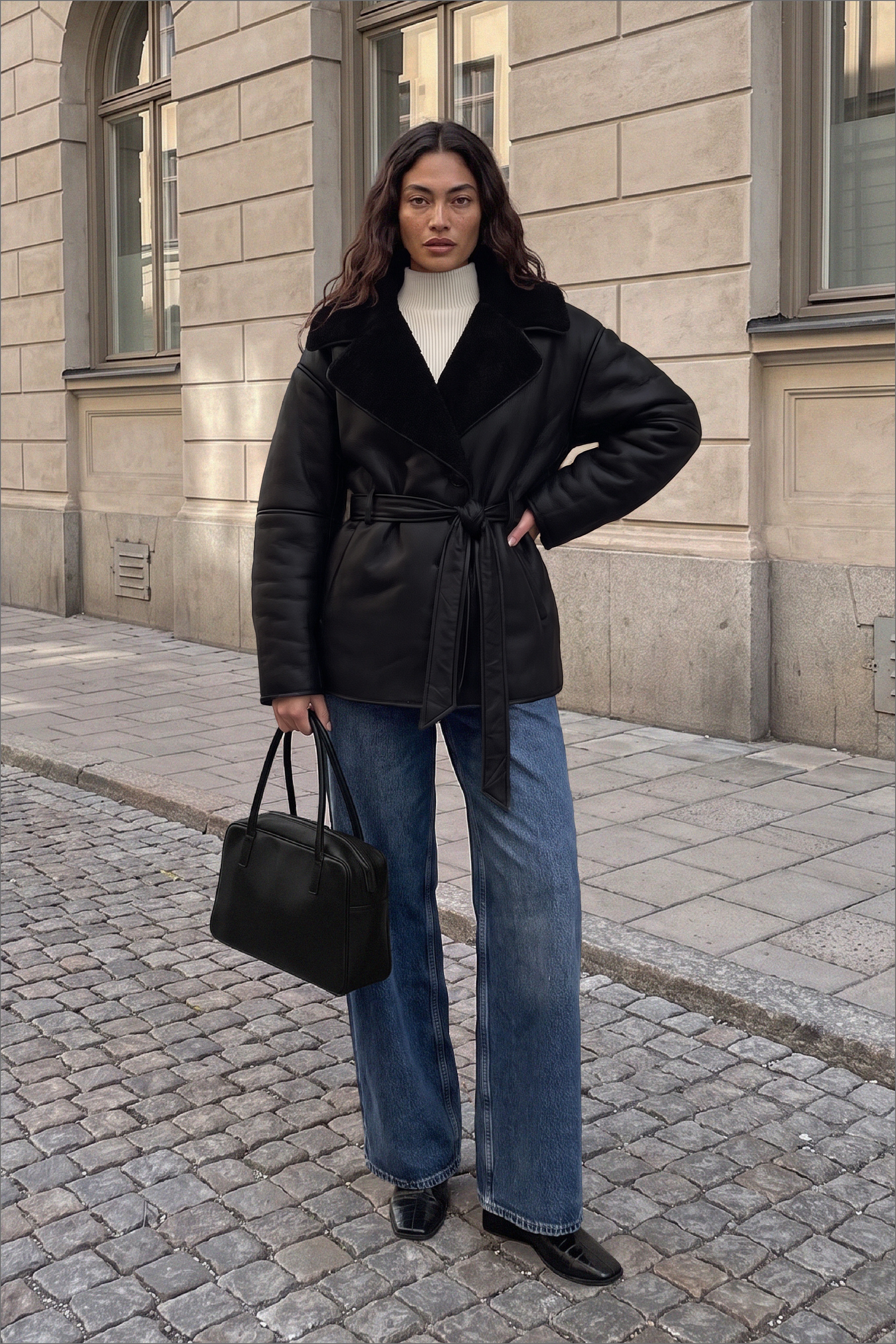 Oversized Belted Bonded Jacket - Teddy jassen - Zwart - M - NA-KD / NAKD