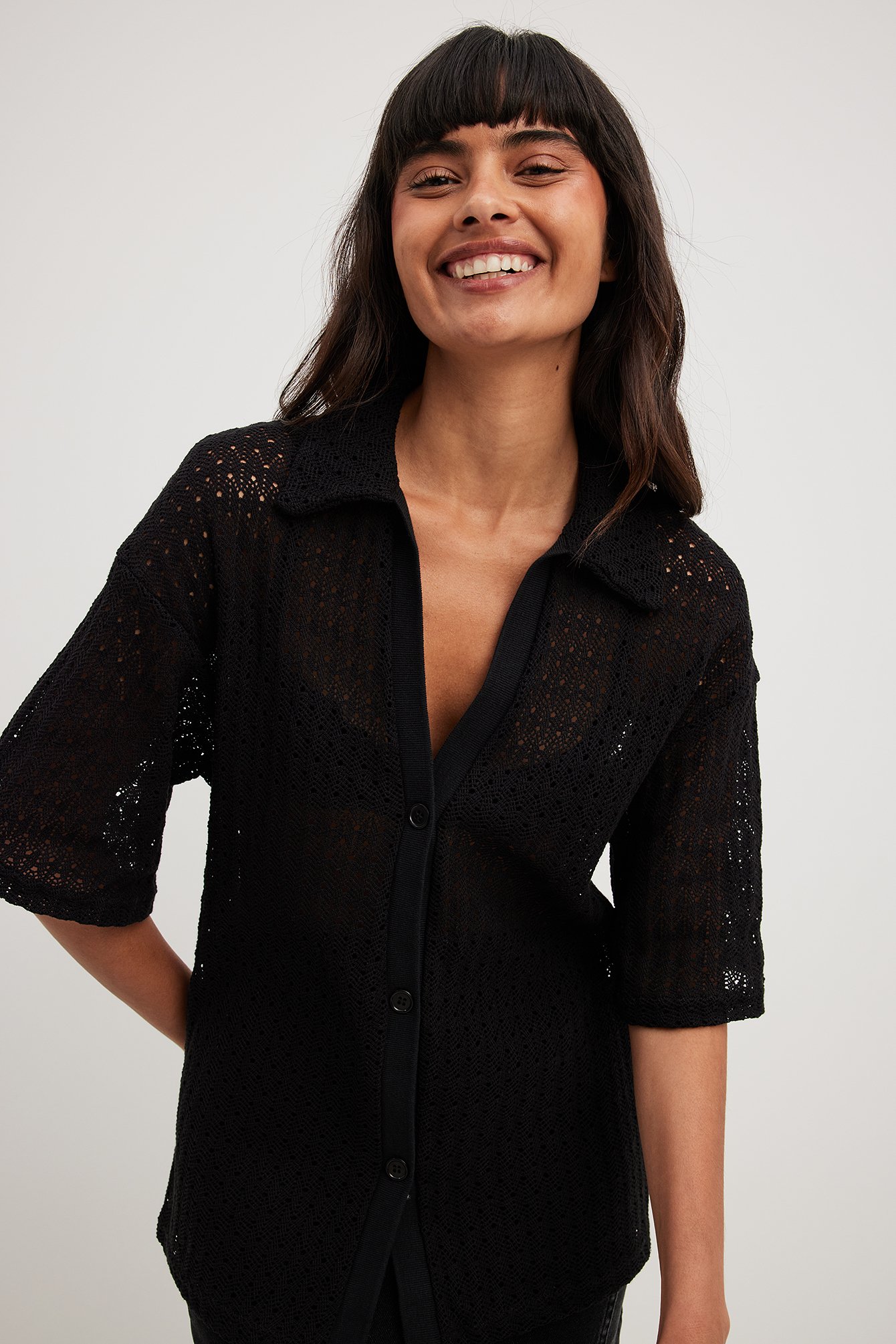 Oversized Crochet Collar Shirt Black | NA-KD