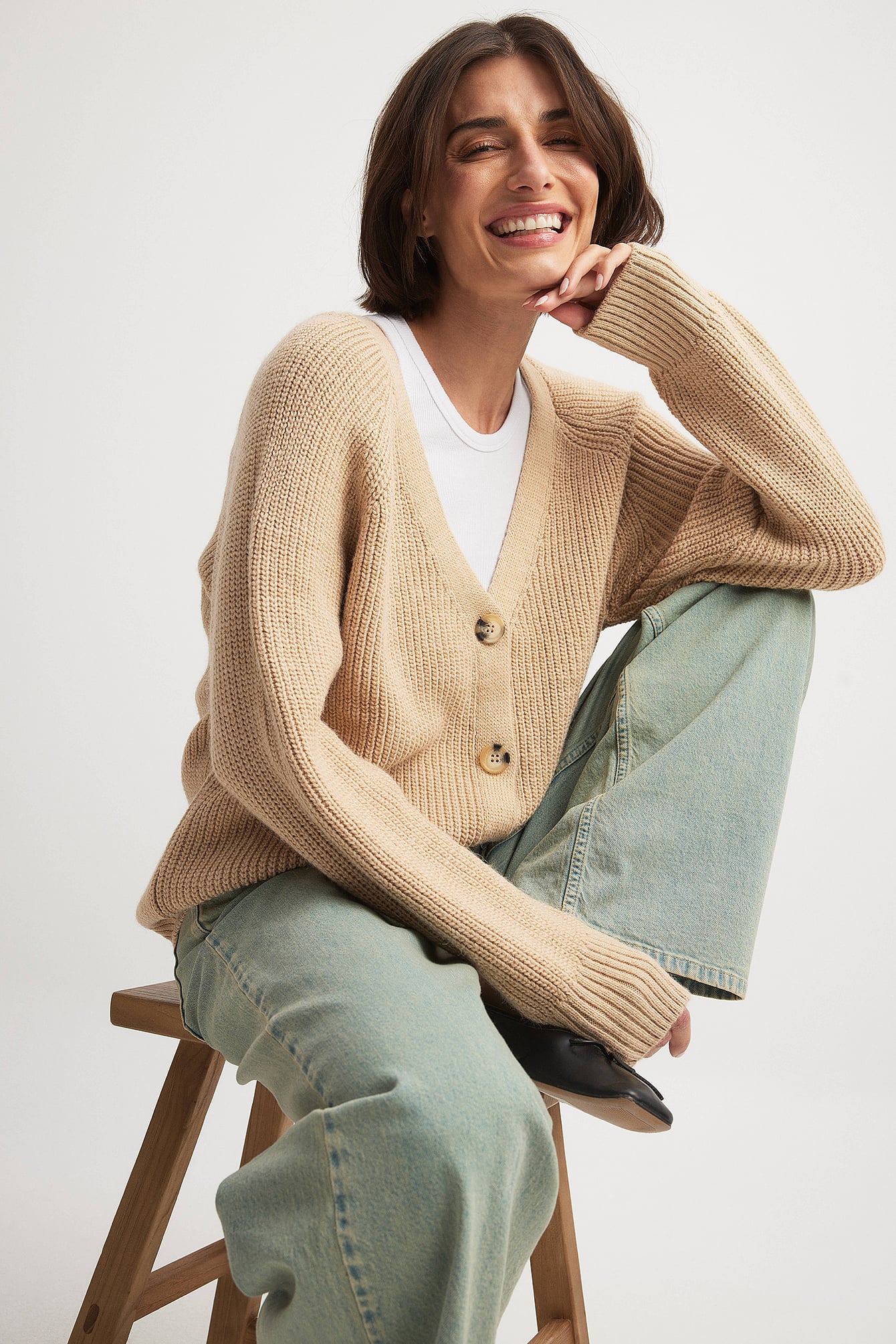 Oversized Knitted Cardigan Beige NA-KD - Main Image
