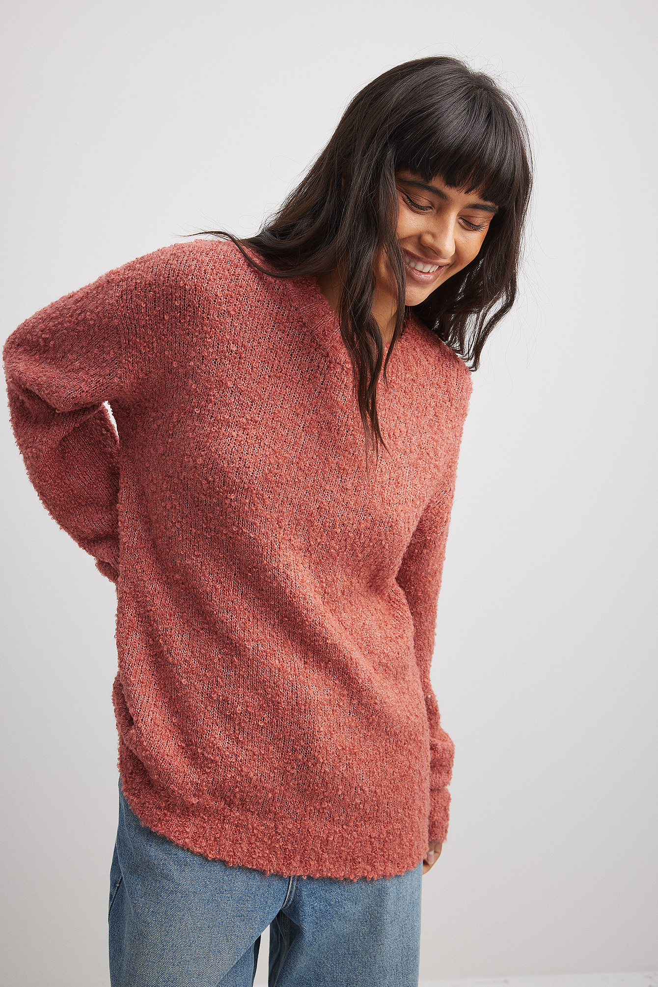 Oversized Knittted Round Neck Structure Sweater Pink | NA-KD