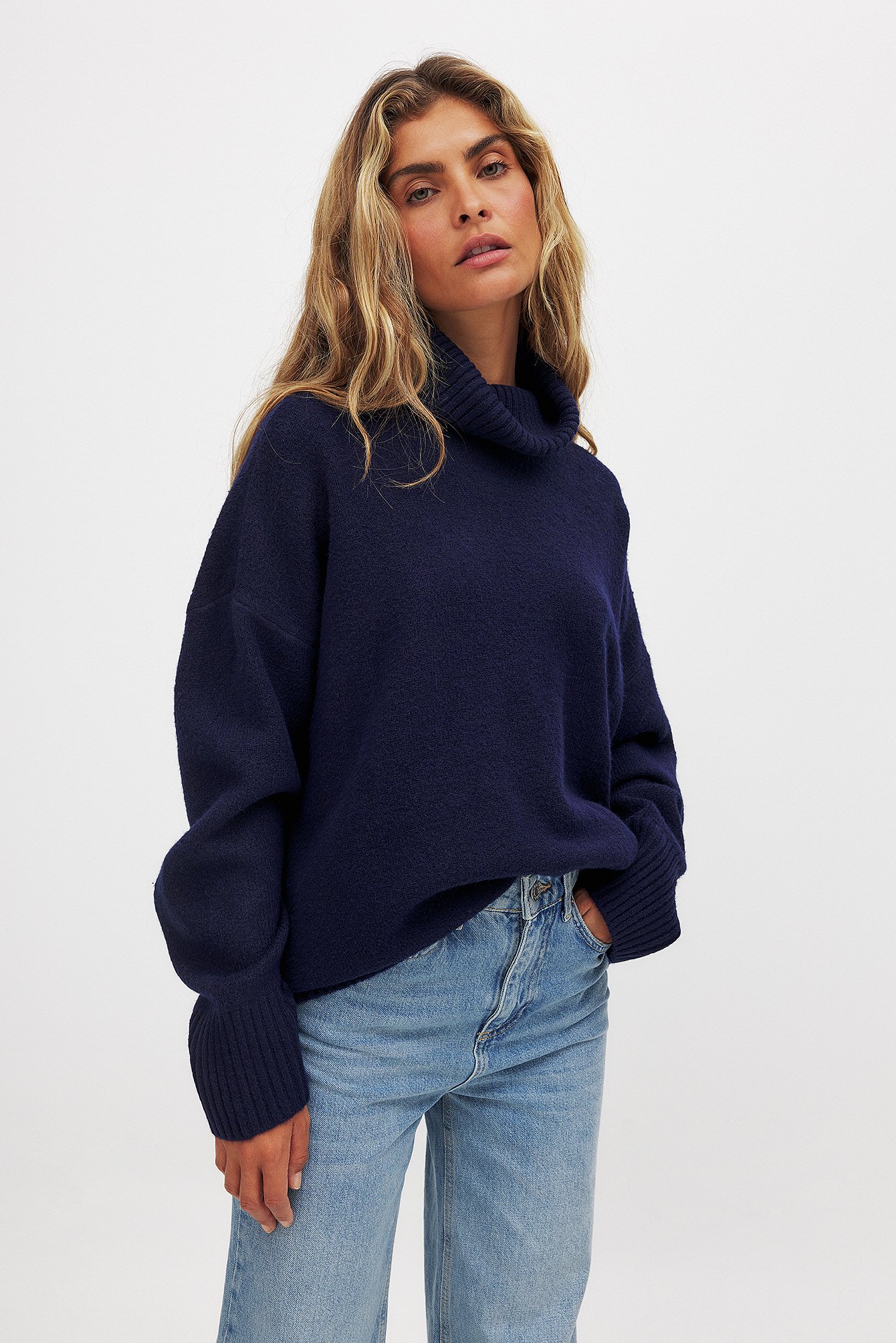 High Neck Donkerblauwe Oversized Trui Blauwe Oversized Trui