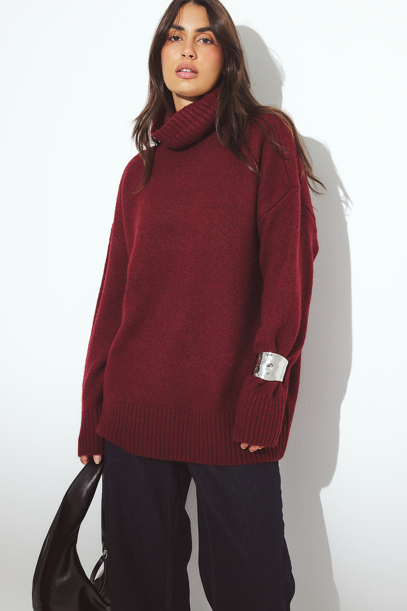 NA-KD Oversized gebreide trui met rolkraag - Oversized Truien - Burgundy - XS (EU 32) - NA-KD / NAKD