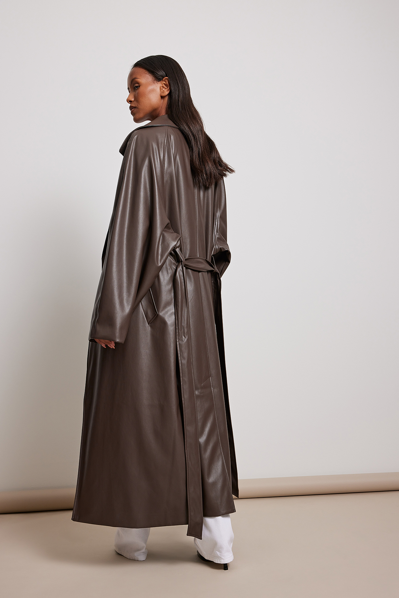Oversized PU Trench Coat Brown