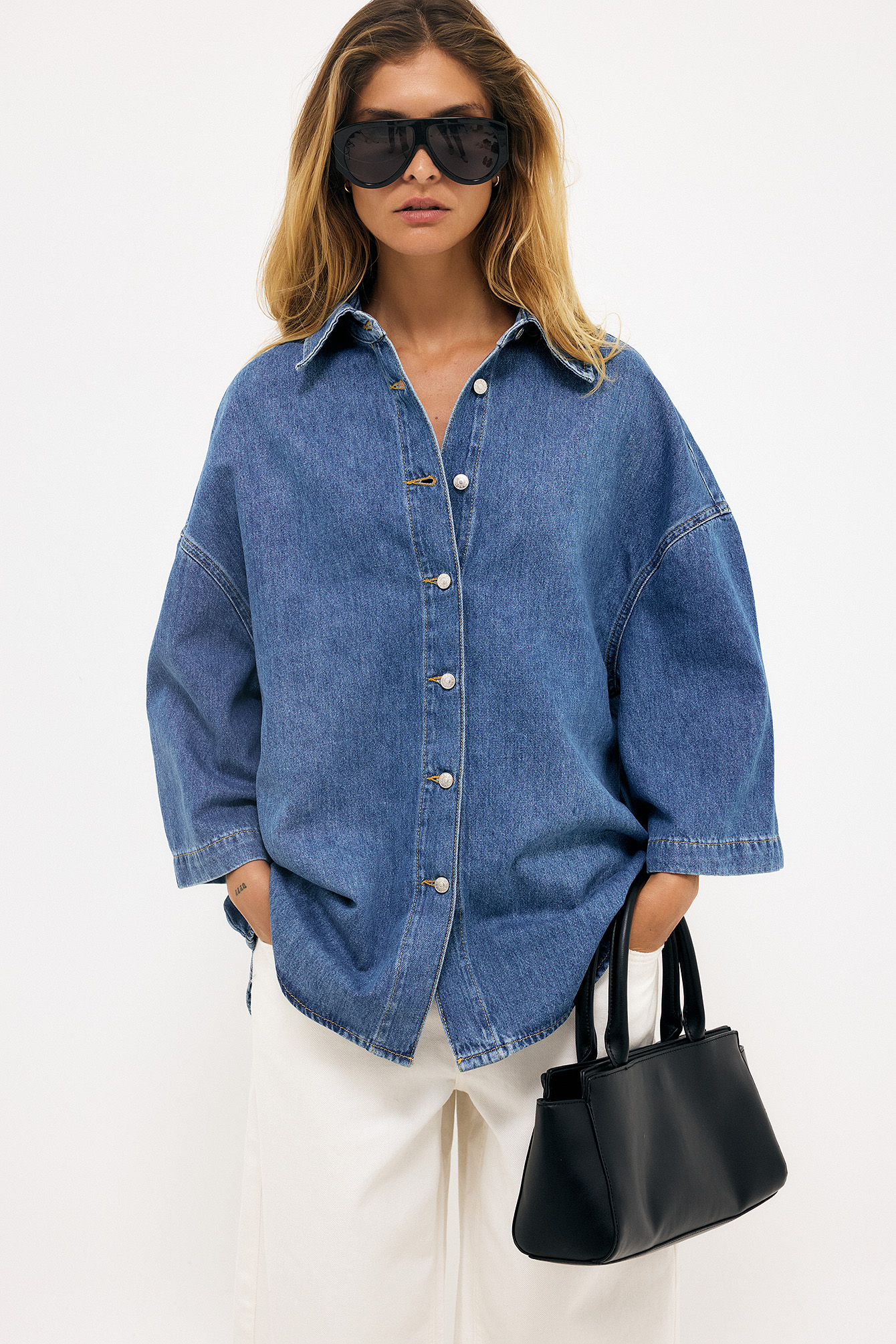 Feziakuk Jeanshemd voor dames, buttondown jeansblouse met lange mouwen, zacht denim hemd, casual jeansjack, lente, herfst, bovenstuk, met borstzakken, denimblauw, S