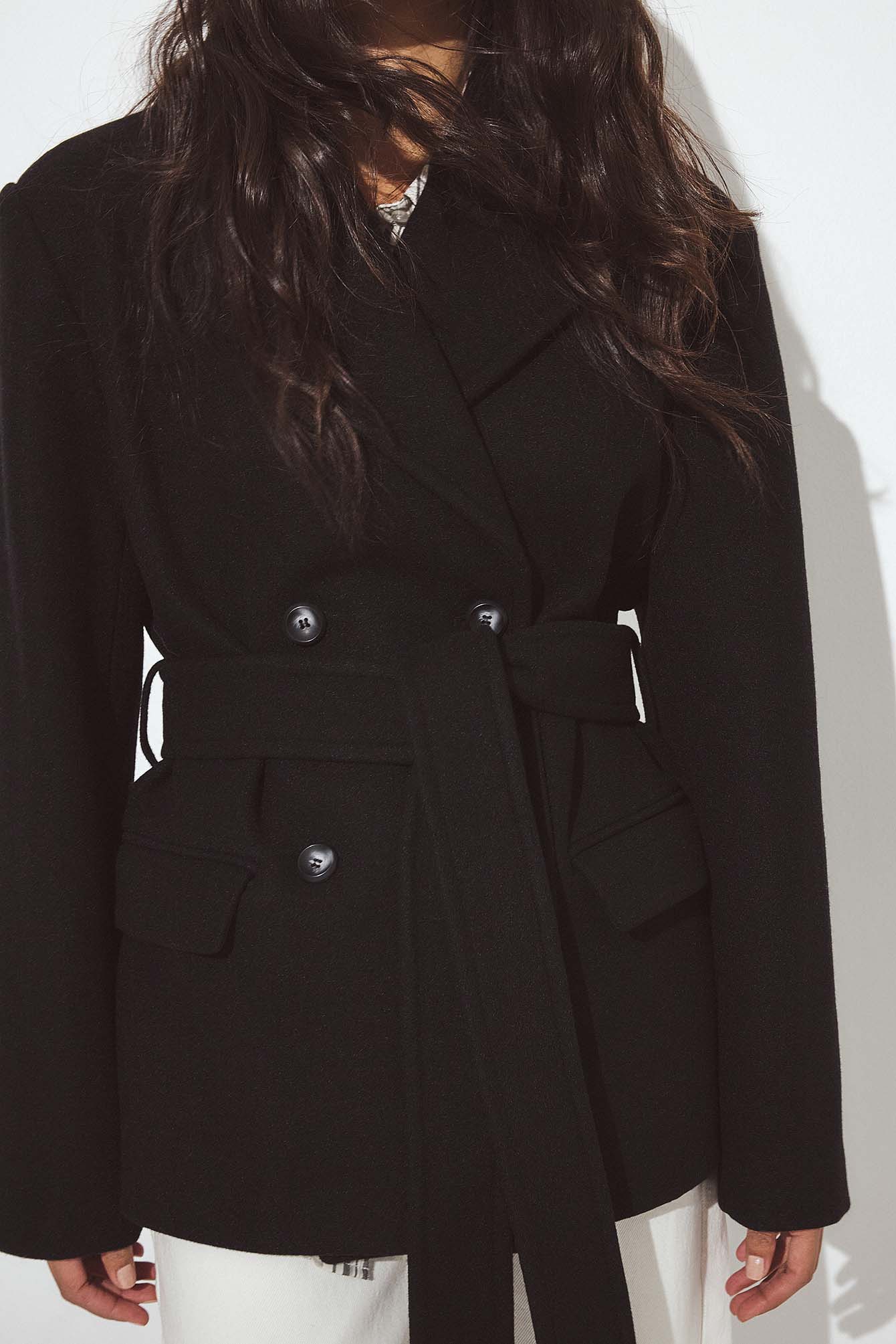 Oversized Wool Blend Short Coat - Black