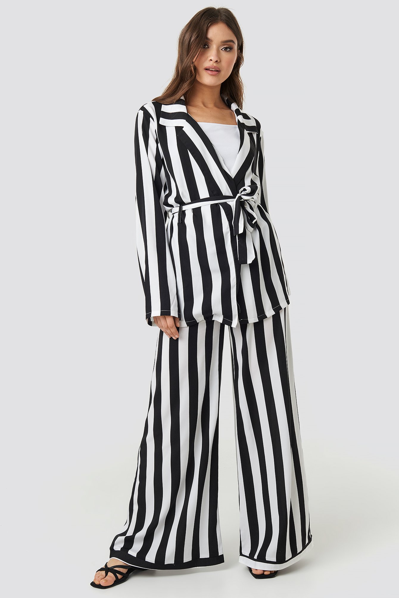 Black/White Stripe Luźne Spodnie W Paski