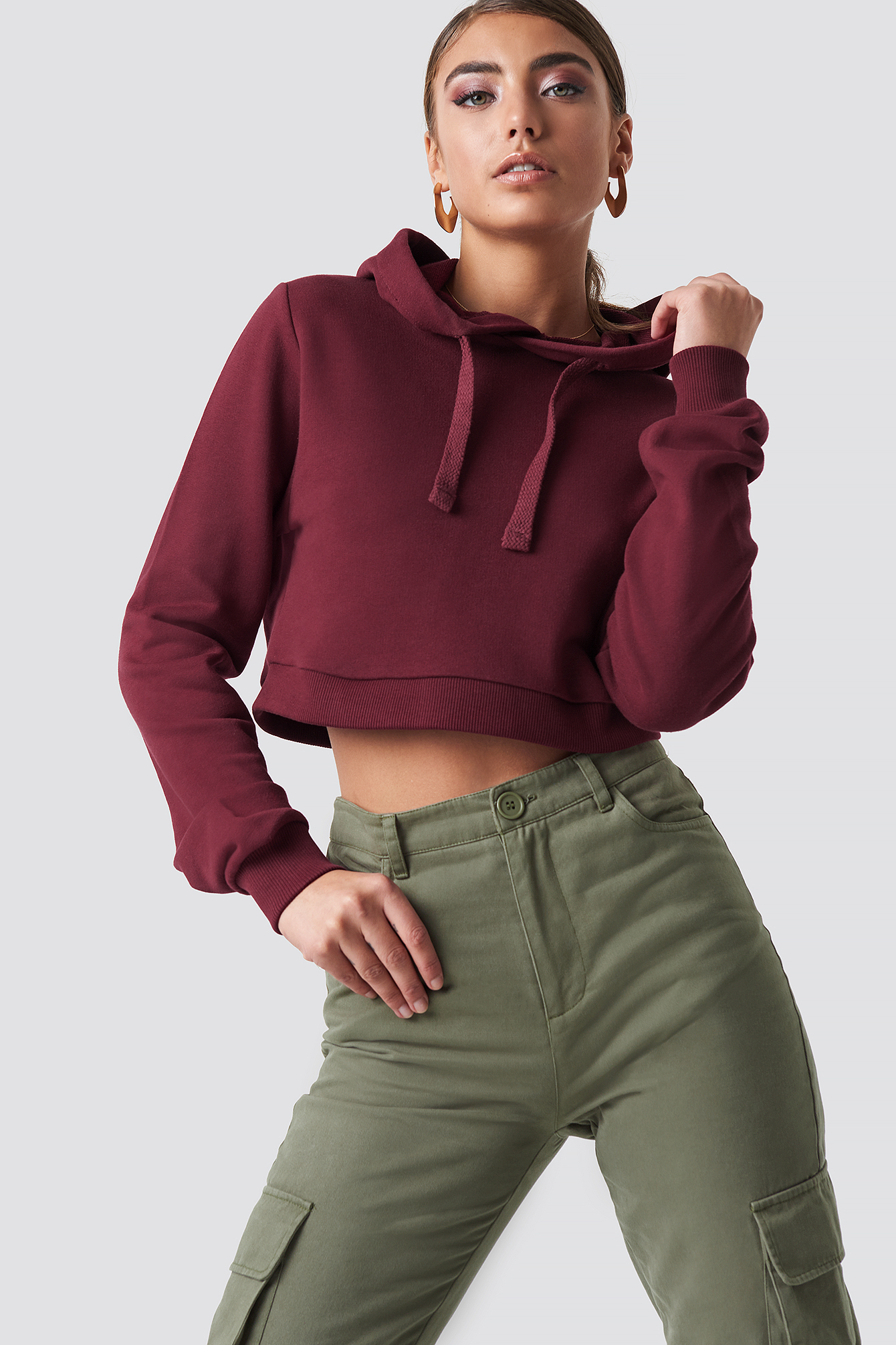 Cropped Rib Hoodie Dark Red