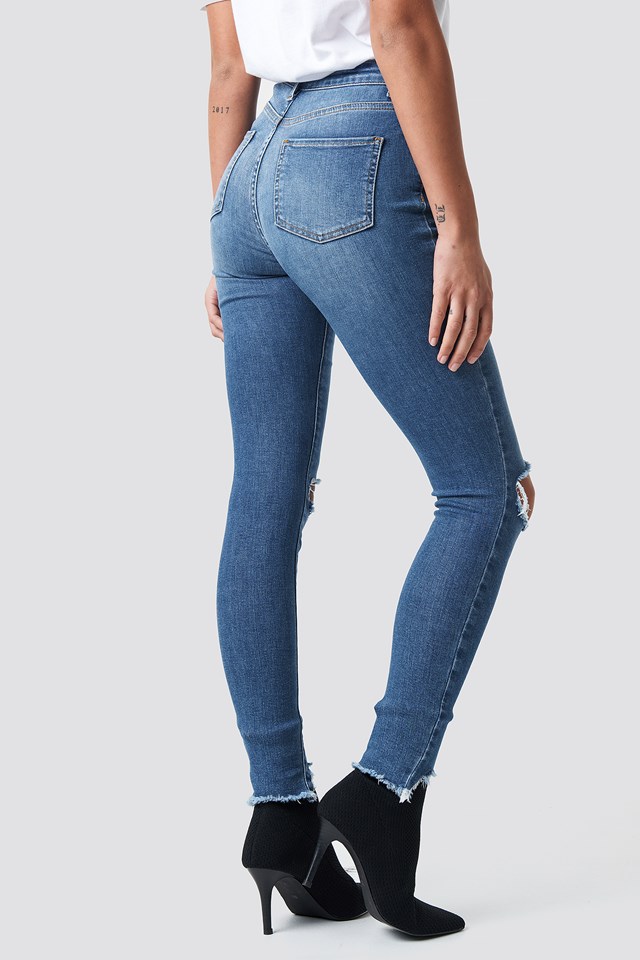 High Waist Ripped Jeans Mid Blue | na-kd.com