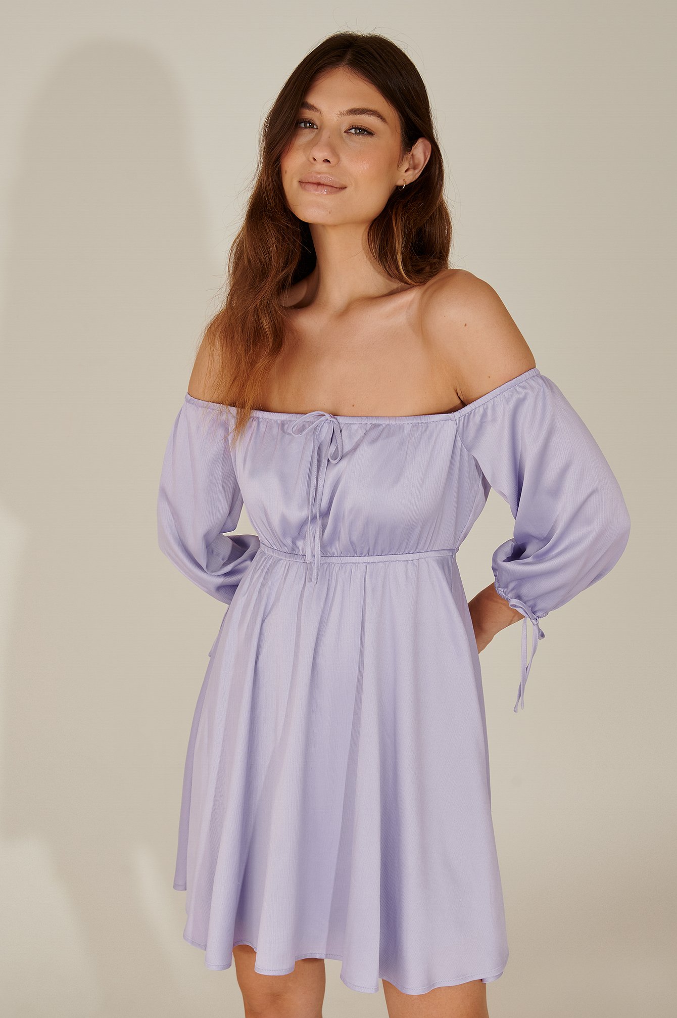 Dusty Lavender Off Shoulder Recycled Mini Dress