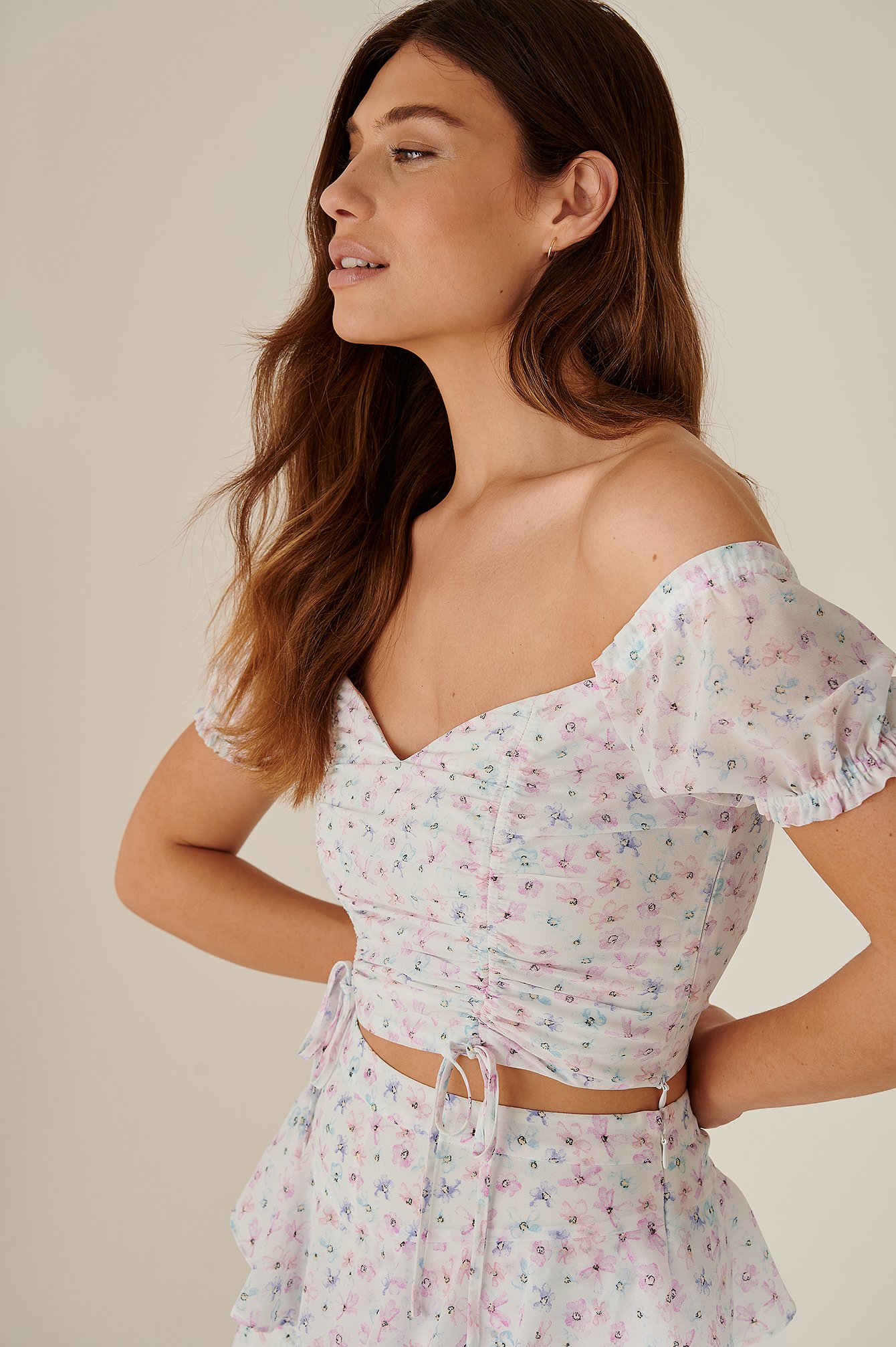Watercolor Flowers Recycled Drawstring Detail Off Shoulder Top