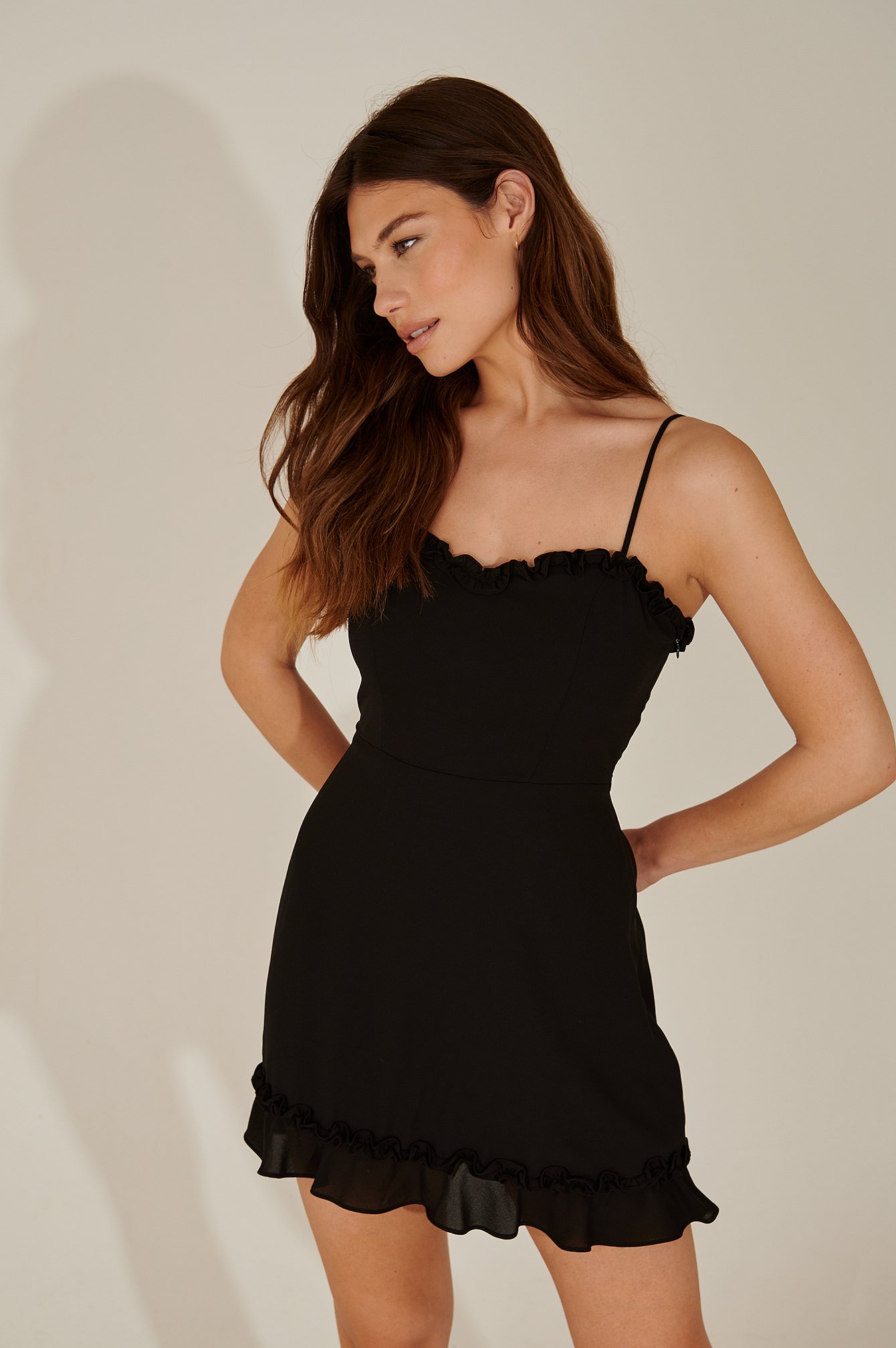 Black Recycled Ruffle Neckline Thin Strap Dress