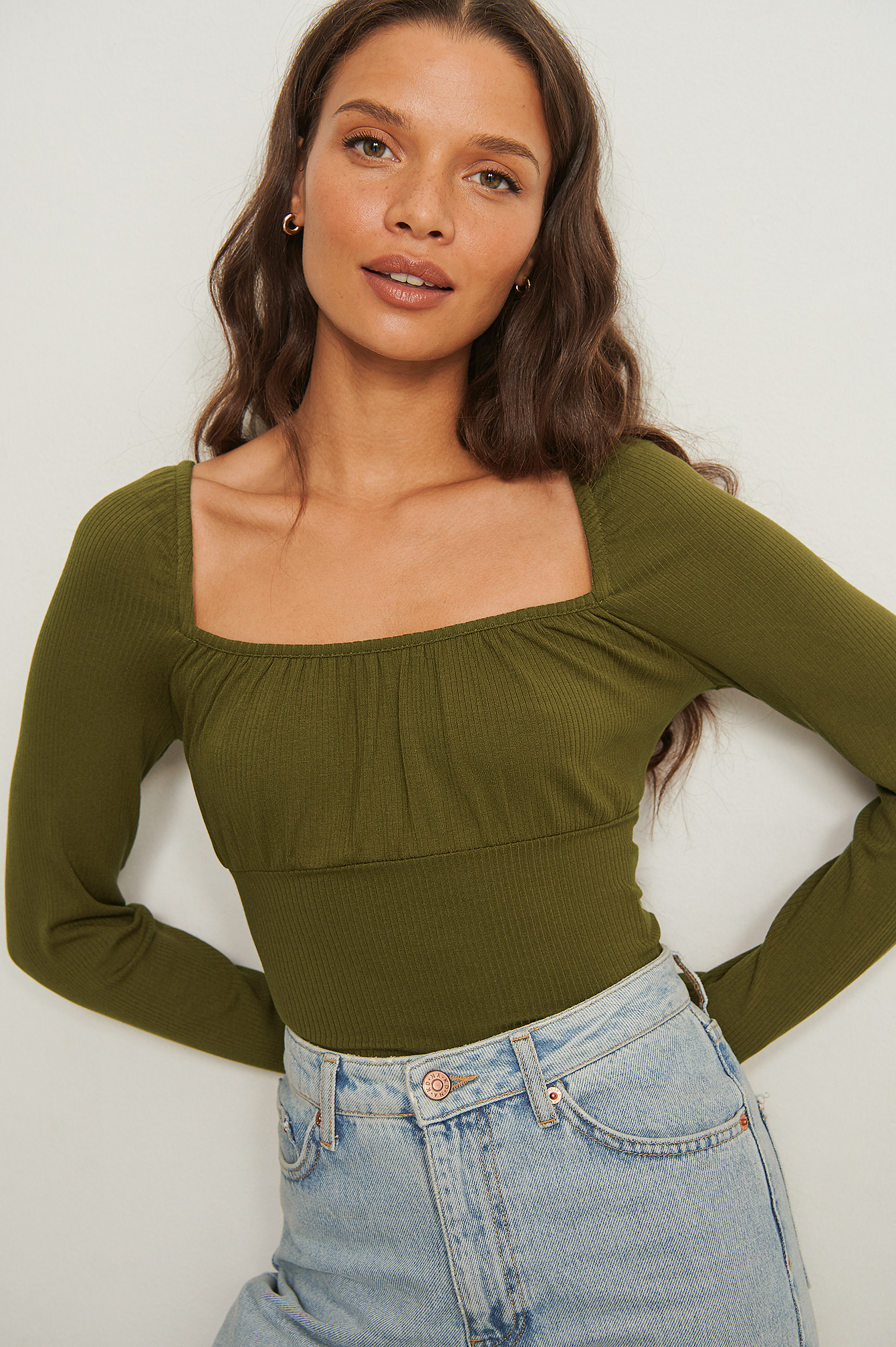 Ruched Detail Long Sleeve Top Green 