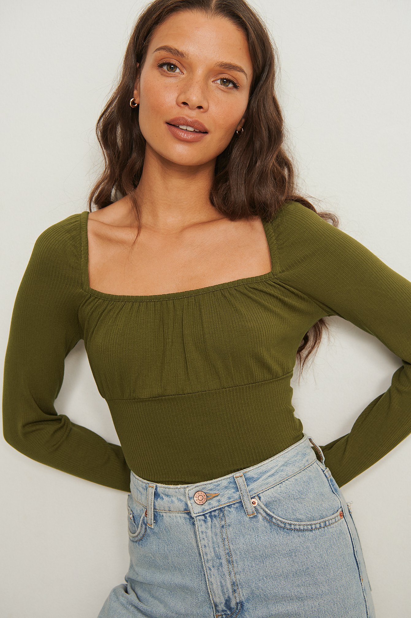 Dark Olive Ruched Detail Long Sleeve Top