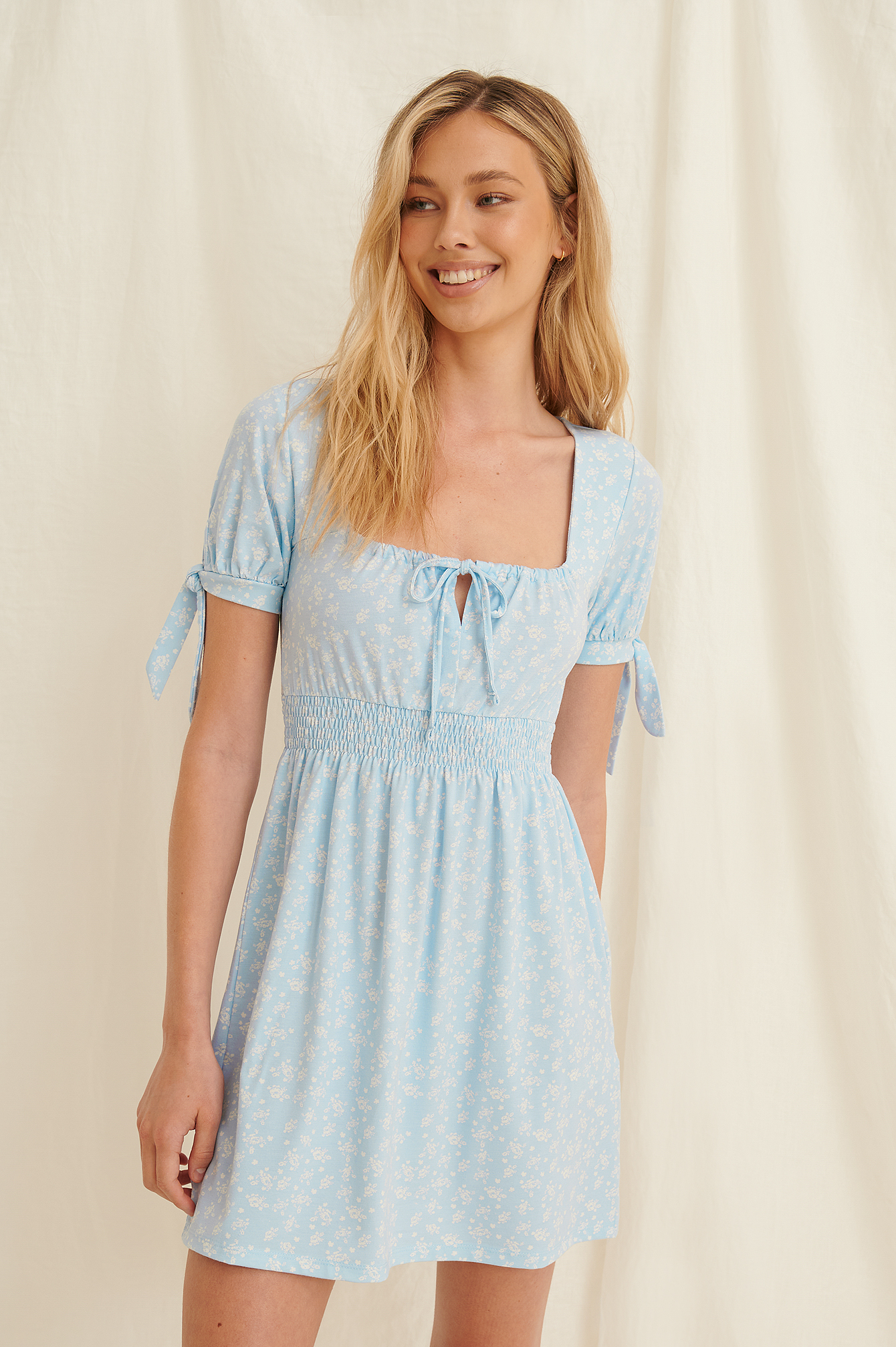 Recycled Overlapped Frill Mini Dress Blue | na-kd.com