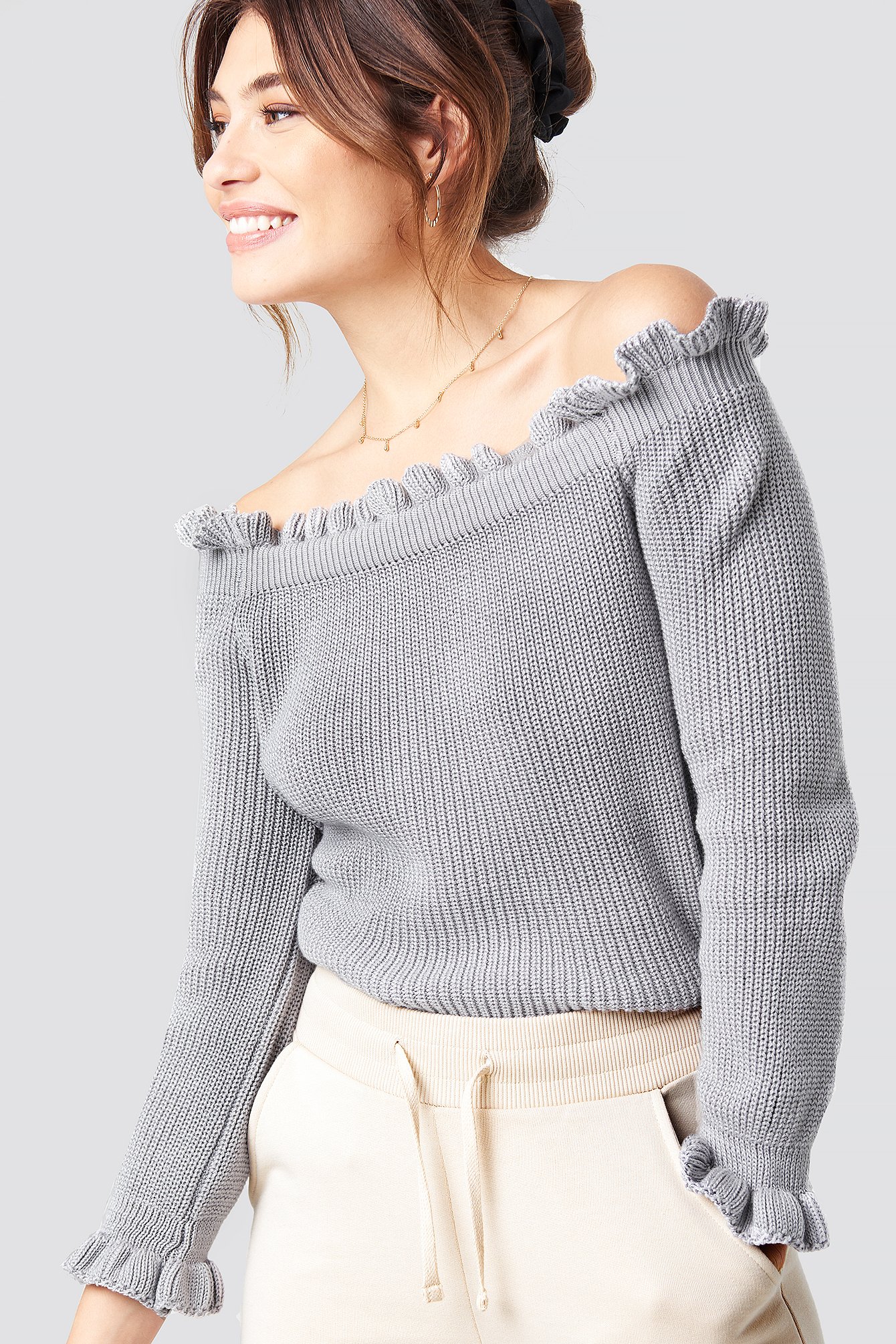 Grey Ruffle Off Shoulder Knitted Sweater